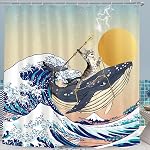 Rideaux de douche de chat amusant, Baleine d'équitation de chat dans l'océan japonais Ensembles de rideaux de douche Kanagawa Waves, Tissu imperméable Rideau pour enfants nautiques avec crochets pour salle de bain Décor - 72" x 72"