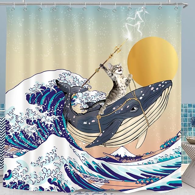 Rideaux de douche de chat amusant, Baleine d'équitation de chat dans l'océan japonais Ensembles de rideaux de douche Kanagawa Waves, Tissu imperméable Rideau pour enfants nautiques avec crochets pour salle de bain Décor - 72" x 72"