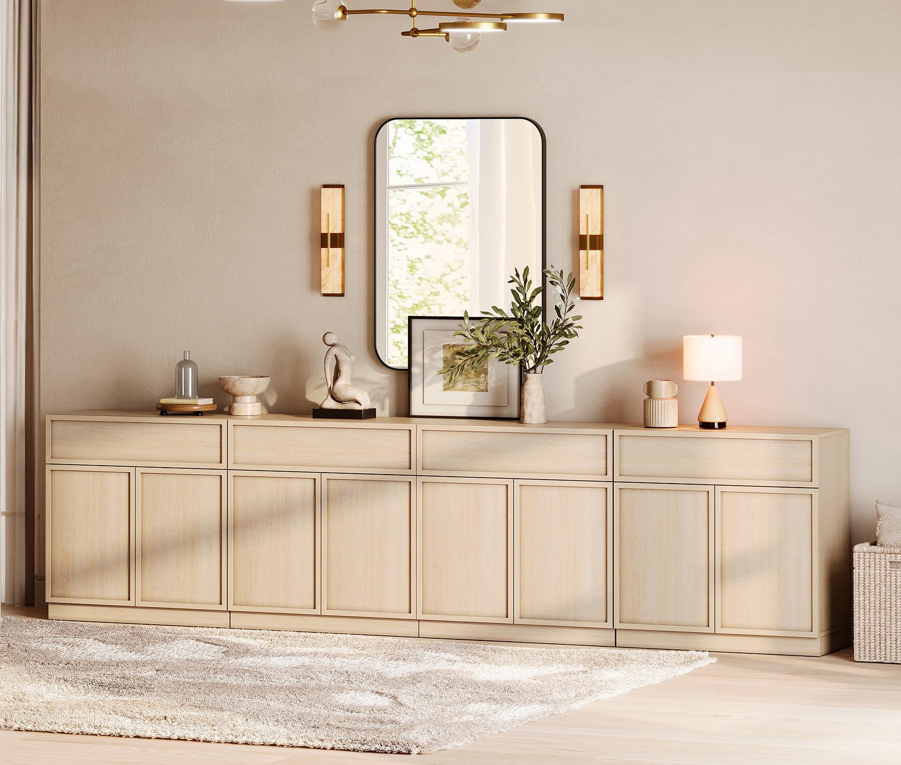 WAMPAT 126" Modern Sideboard Buffet Cabinet with 8 Doors and Drawers, Multifunctional Sideboard with Large Storage and Adjustable Shelf, Coffee Bar Storage Cabinet for Kitchen, Living Room, Beige