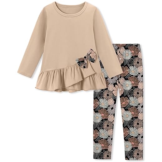 Toddler Girl Clothes 18M-8T Girls Fall Winter Outfit, Long Sleeve Ruffle Bowknot Top + Floral Pants 2Pcs Clothing Set