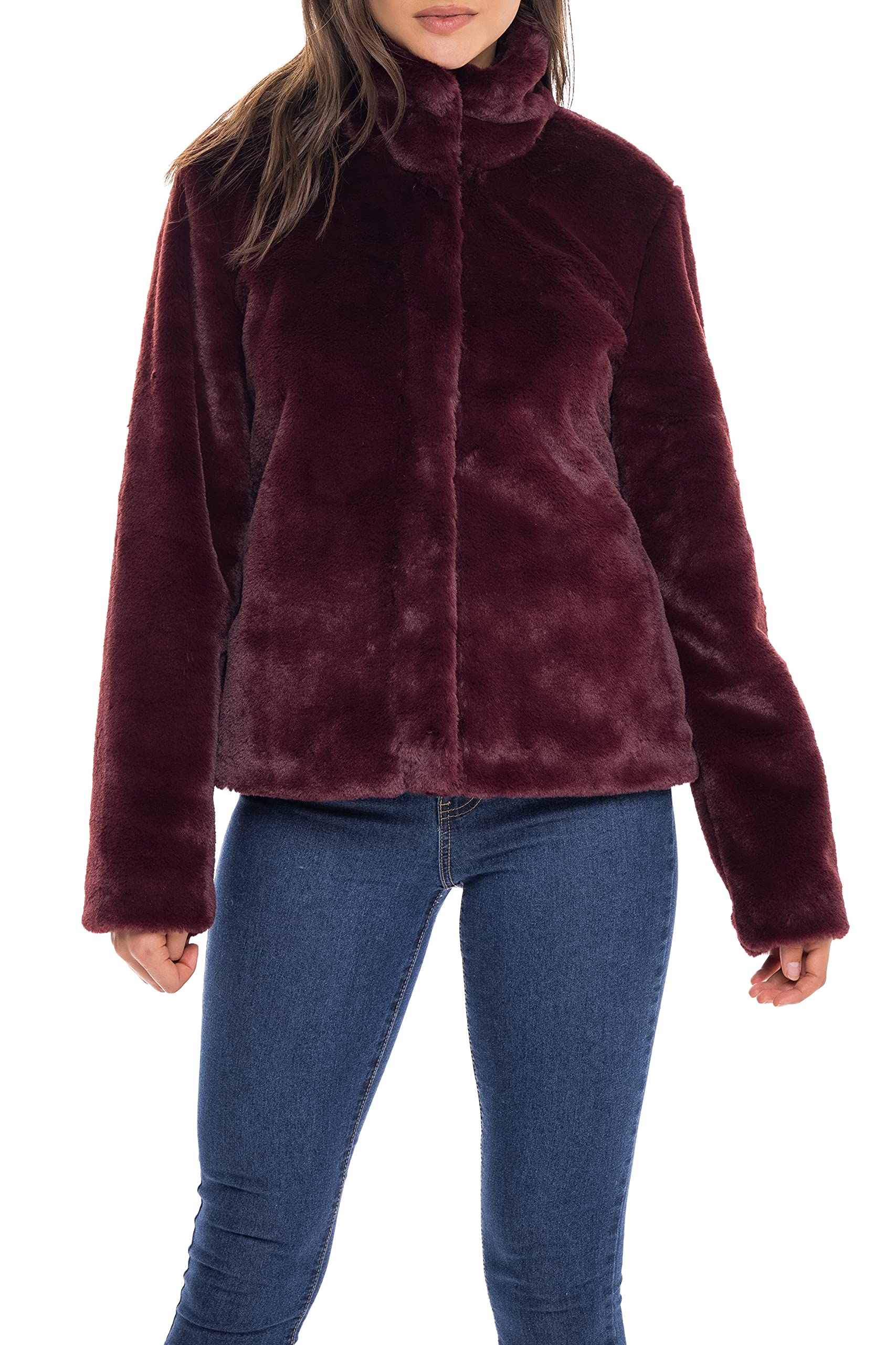 S.E.B. by SEBBY Women's Faux Fur Jacket, Cute Fluffy and Fuzzy Coat, Medium Weight Perfect for Fall and Winter, Burgundy, L