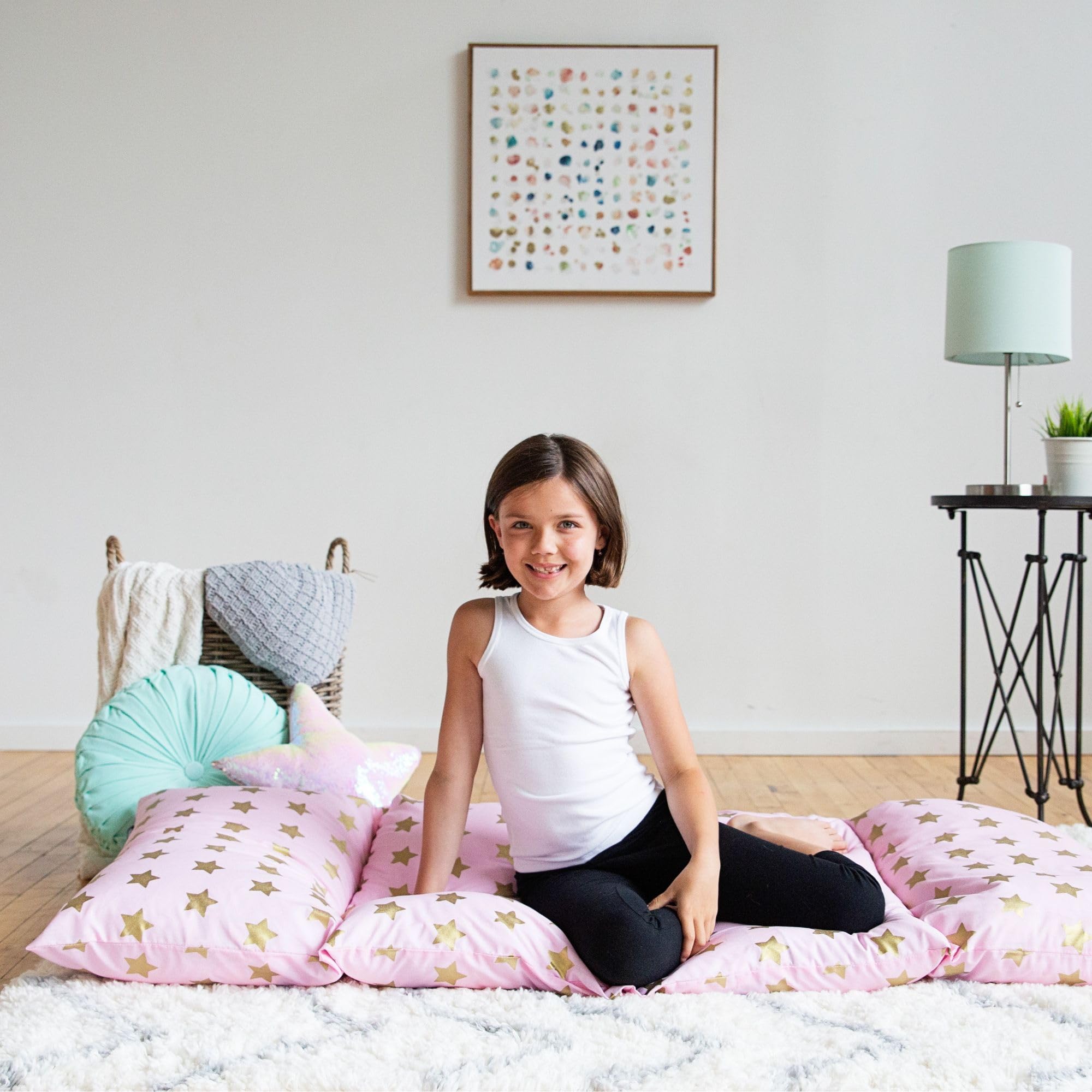 Wildkin Kids Floor Lounger – Pillow Lounger, Travel-Friendly, Ideal for Sleepovers, Fits Standard Pillows - Pink and Gold Stars