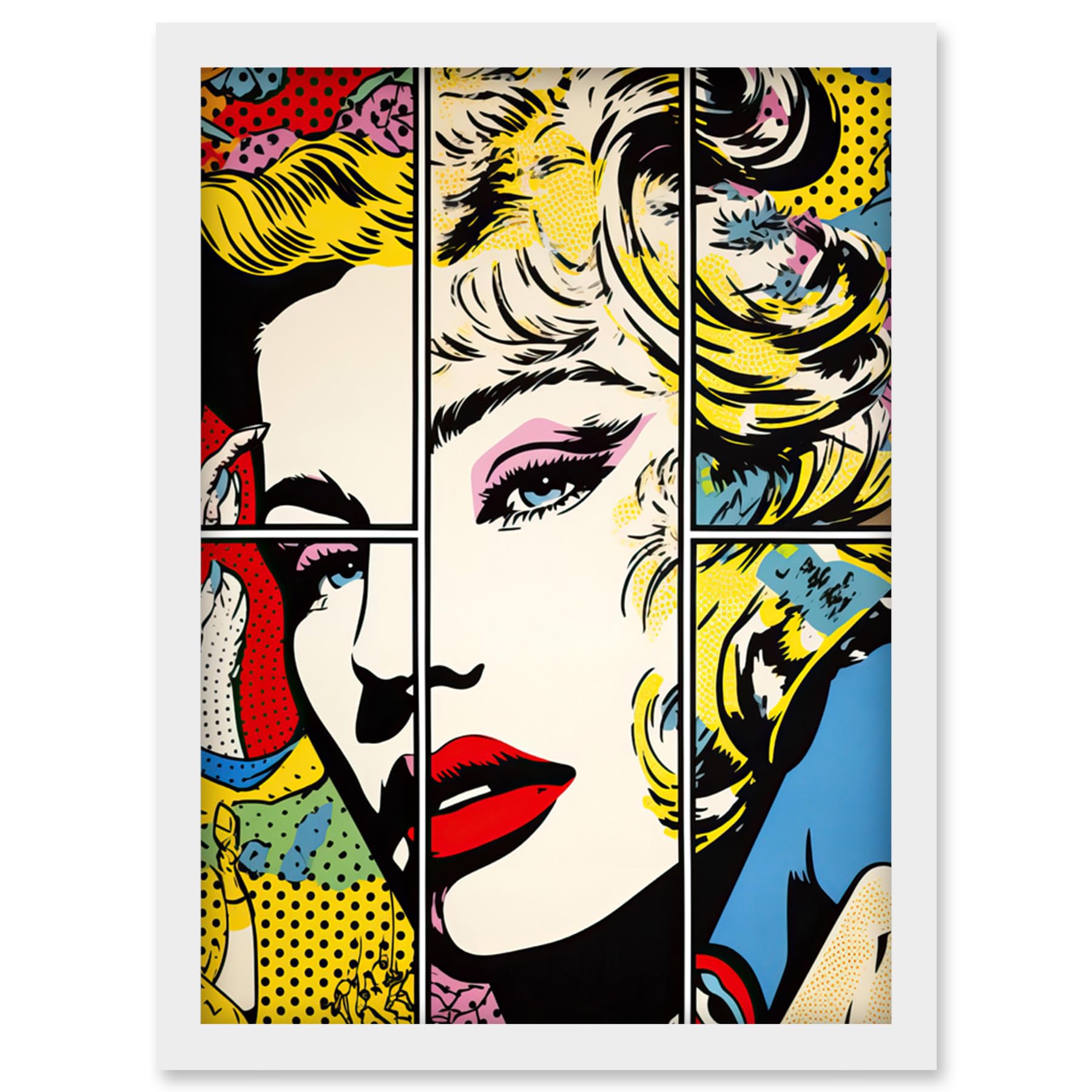Artery8 Woman Comic Book Strip Style Face Vibrant Portrait Bedroom Decor Teen Halftone Artwork Framed Wall Art Print A4