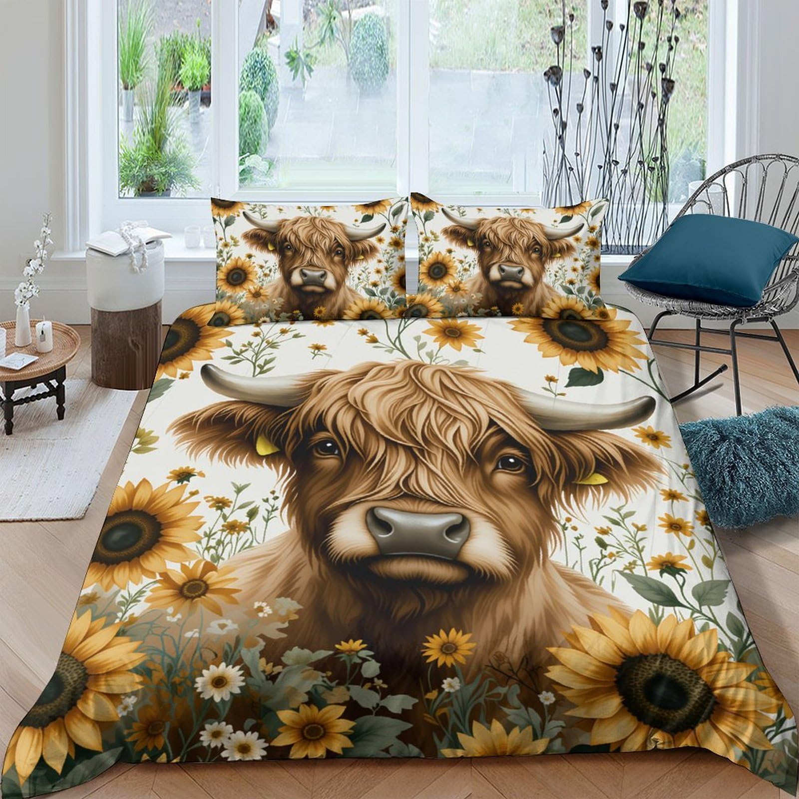 Ctjqhvkz Style-4 3D Printed Highland Cow Sunflower Fitted Sheet Microfiber Soft Breathable Floral Bed Cover Bedroom Decor Mattress Protection Single（135X200cm）