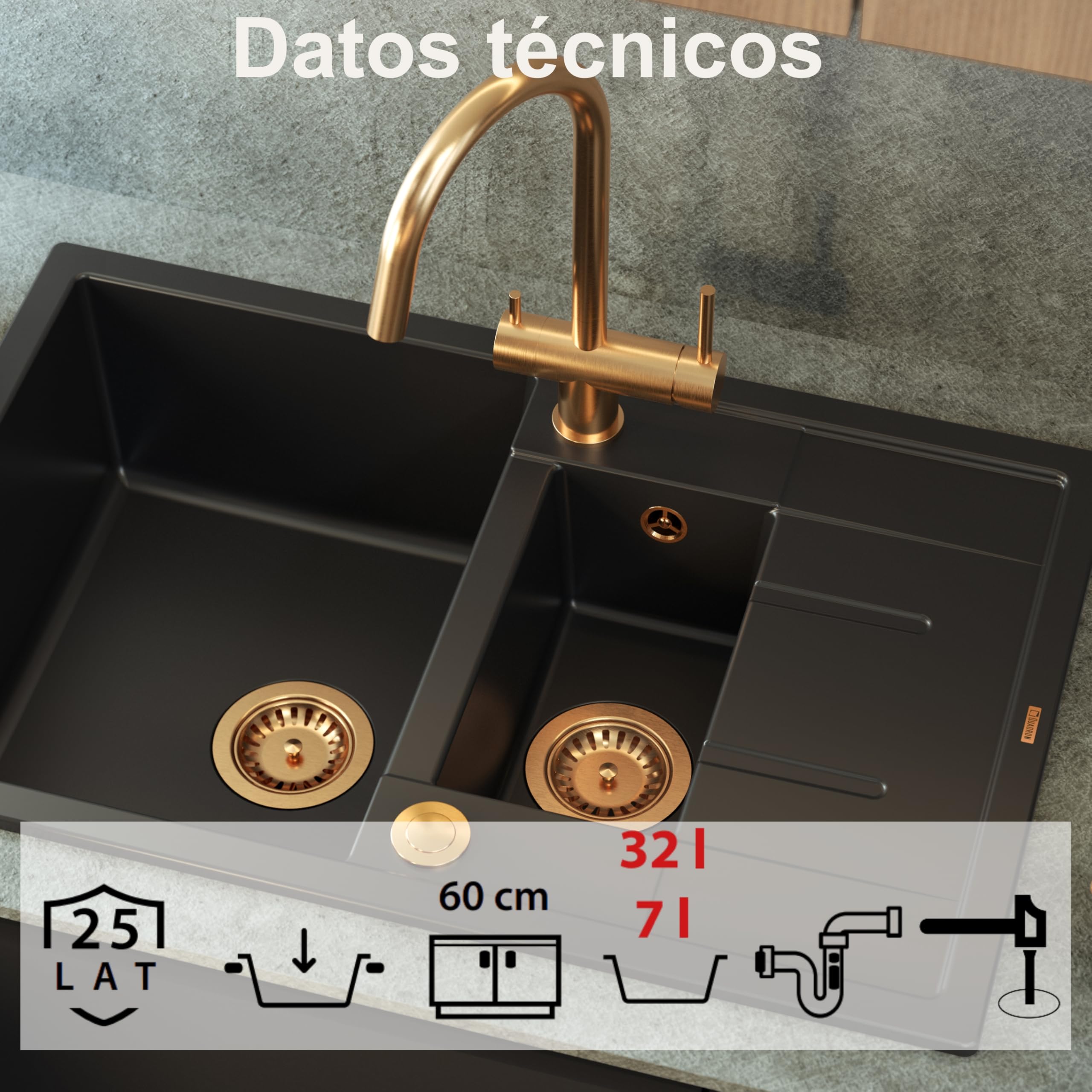 QUADRON fregadero de granito | tamaño 78 x 50 x 22 cm, color: Pure Carbon + Golden | MORGAN 156 fregadero de cocina de dos cubetas con escurridor | con orificio para grifo