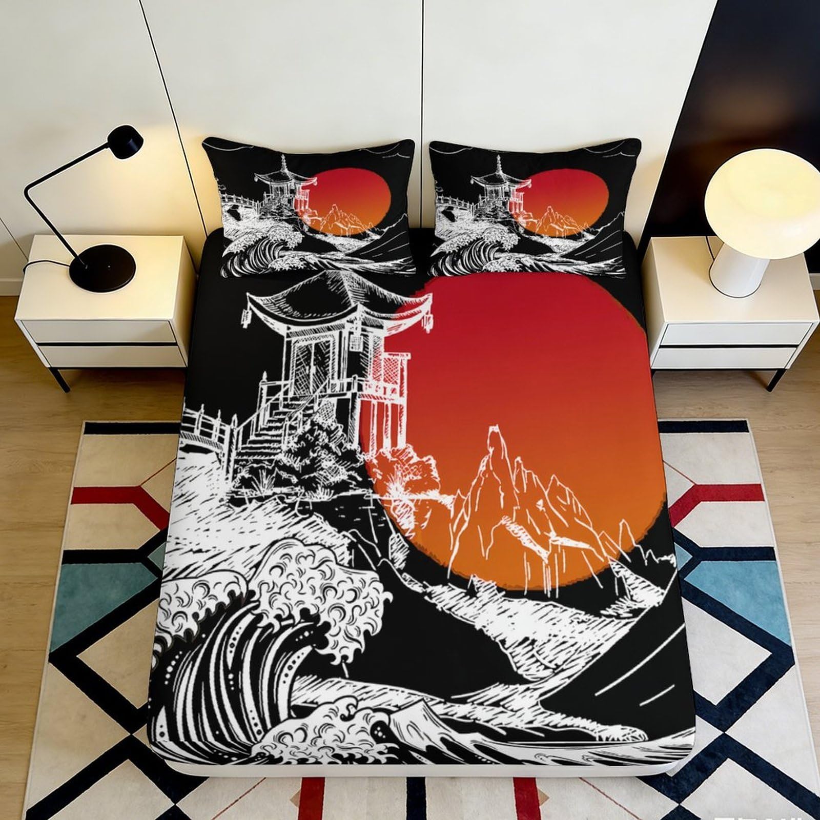 3D Printed Japanese Sunset Fitted Sheet Microfiber Soft Breathable Asian Landscape Bed Cover for Bedroom Dormitory Guest Room Mattress Protection 200x200x25cm