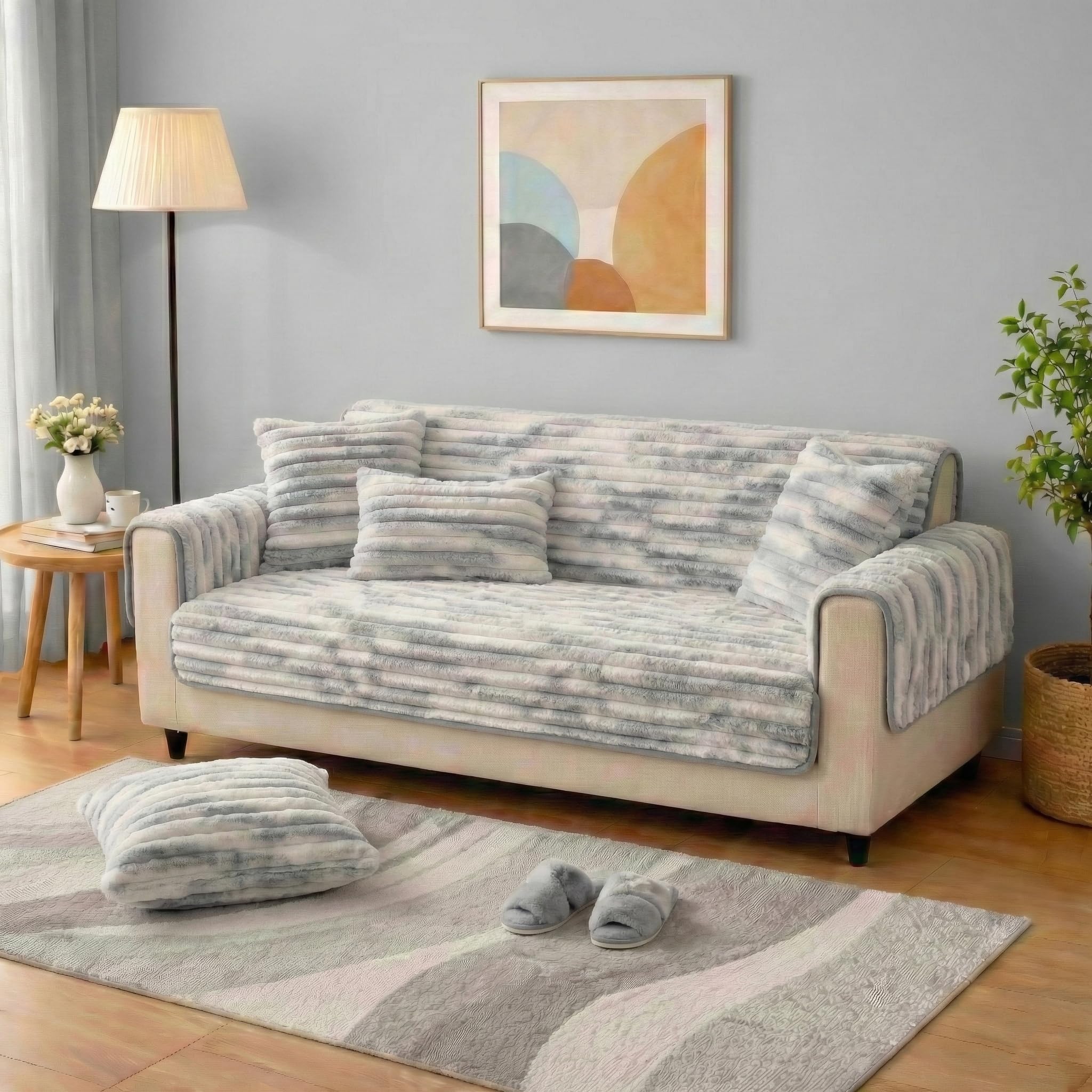 DREAM CARE Premium Waterproof Pencil Faux Rabbit Fur Sofa Seat Protector Ultra-Soft & Fluffy with Anti-Slip Backing, 3 Seater Sofa Seat Cover 90 * 180 with 2 Arm Rest 56 * 60 (Grey)-image-10