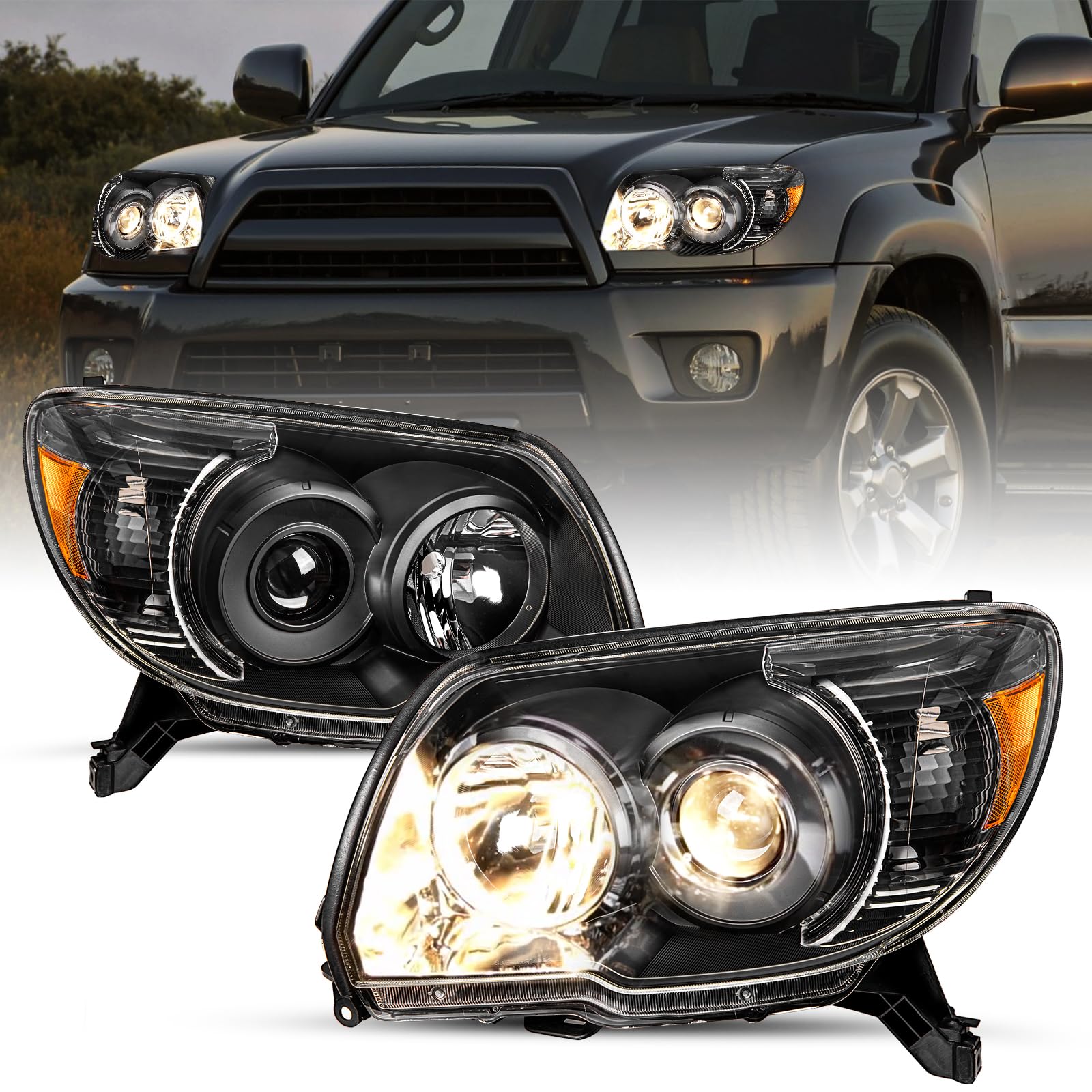 SOCKIR Headlight Assembly Fit for 2006 2007 2008 2009 Toyota 4Runner 06 07 08 09 4-Runner Halogen OE Replacement Headlamps Pair, Black Housing with