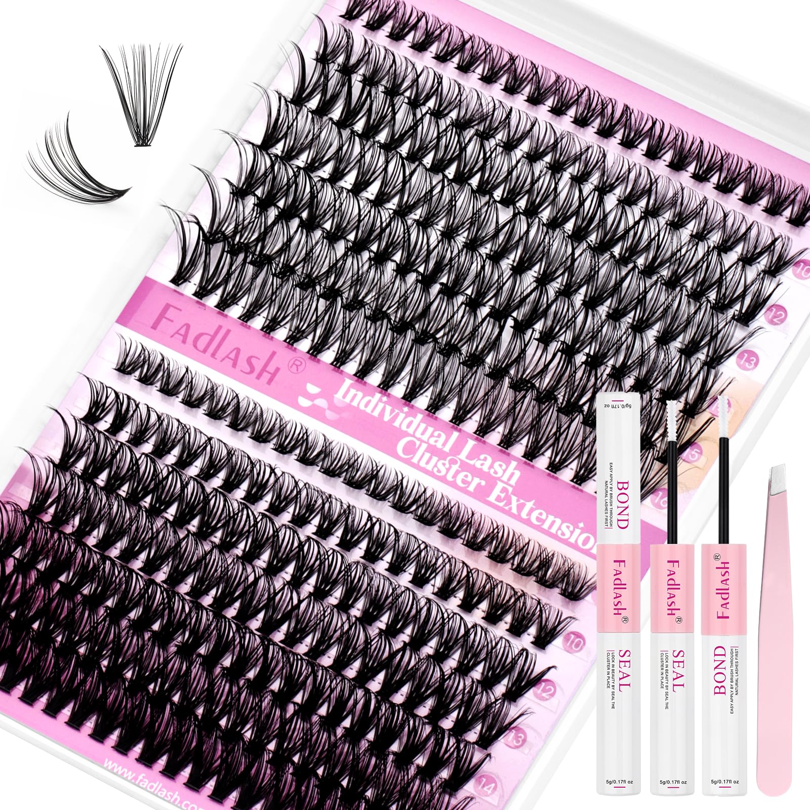 FADLASH Eyelash Extension Kit Lash Clusters C Curl Mix Tray Thin Band DIY Lash Extension Kit with Lash Bond and Seal Lash Tweezers Eyelash Applicator Tool Individual Lashes(30D+40D Kit,07C-8-16mm)
