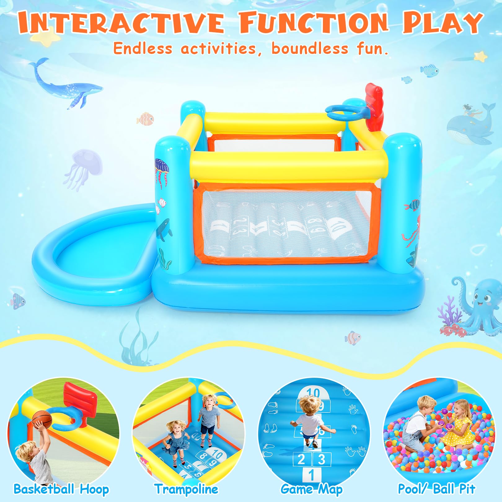 AKEYDIY Hüpfburg, PVC-Springburg für Kinder von 3-6 Jahren, Indoor-Hüpfburg mit herausnehmbarem Bällebad, Basketballkorb und Hüpfspiel, inklusive Luftpumpe