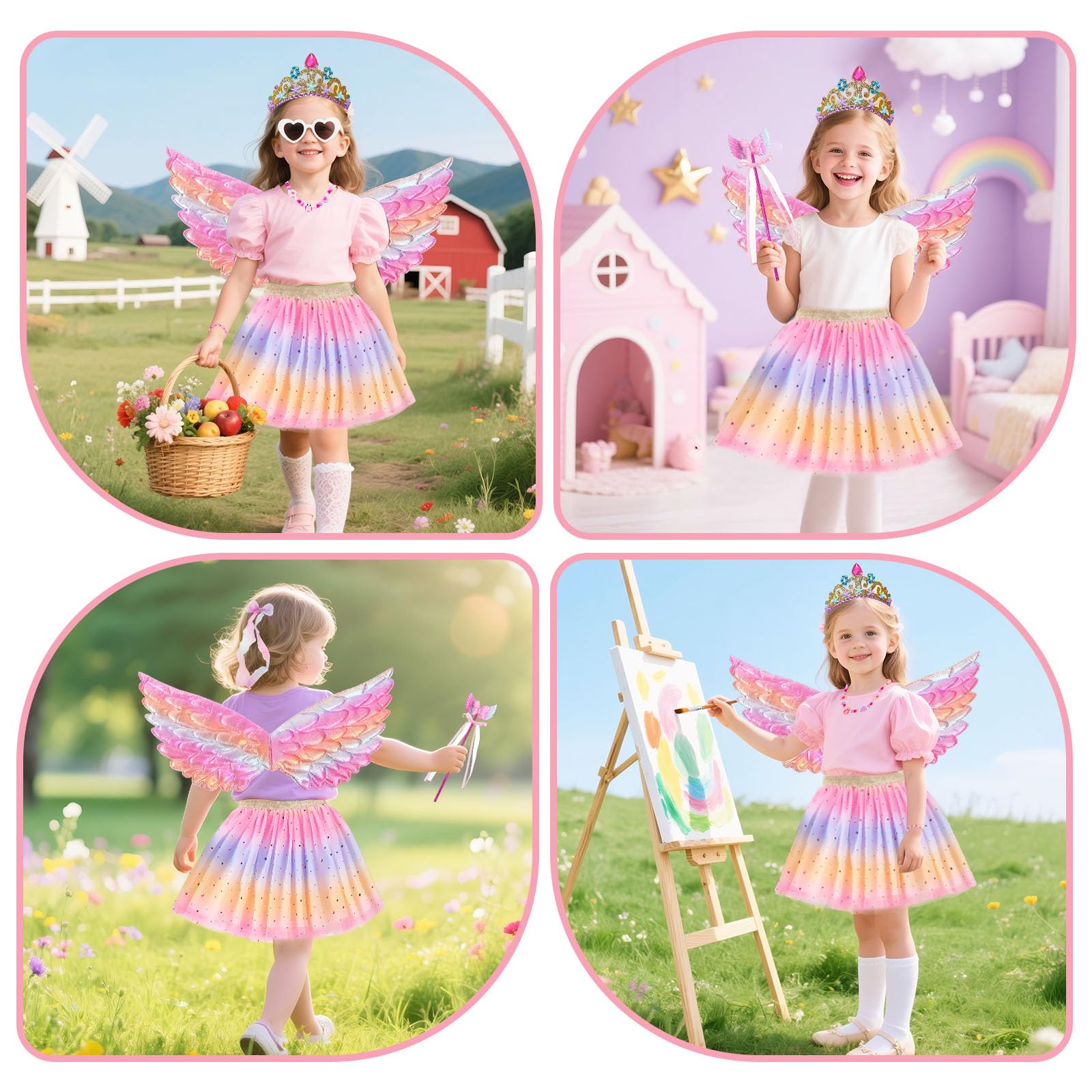 7 Pcs Fairy Costume for Girls Butterfly Fairy Wings Kids Party Dress Up Kit with Crown Headband Skirt Magic Wand Necklace Bracelet Hair Clip Kids Angel Princess Outfit for Parties and Role Play - Image 4