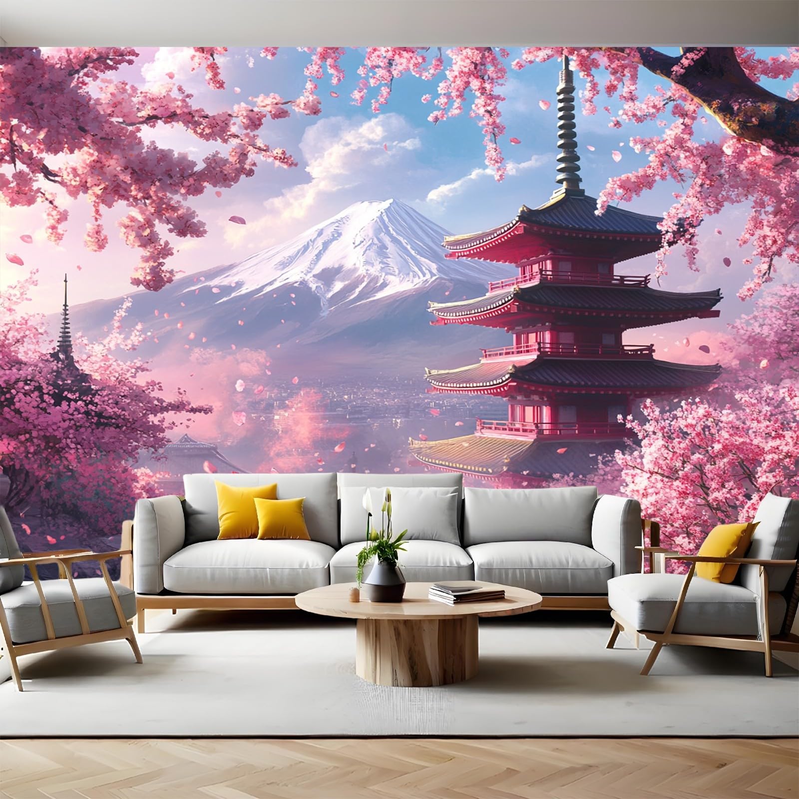 Fototapete Japanischer Kirschblütenturm 3D Effekt Vliestapete 350 x 256 cm Rosa Wandtapete Wandbild für Wohnzimmer Schlafzimmer TV Hintergrund