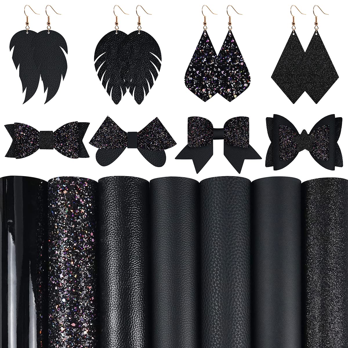 Photo 1 of 7 Pieces 8x12 Inch Faux Leather Sheets Black Series Fine Chunky Glitter Patent Metallic Litchi Faux Leather Fabric for Leather Bows and Earrings Making WHITE