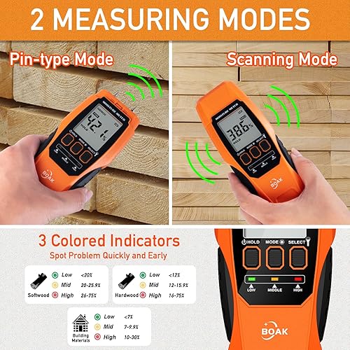 Miniatura 3 de BOAK Medidor de humedad 2 en 1 sin pines y pines, kit de prueba de humedad para el hogar con autoprueba, detector de fugas de agua, sensor de