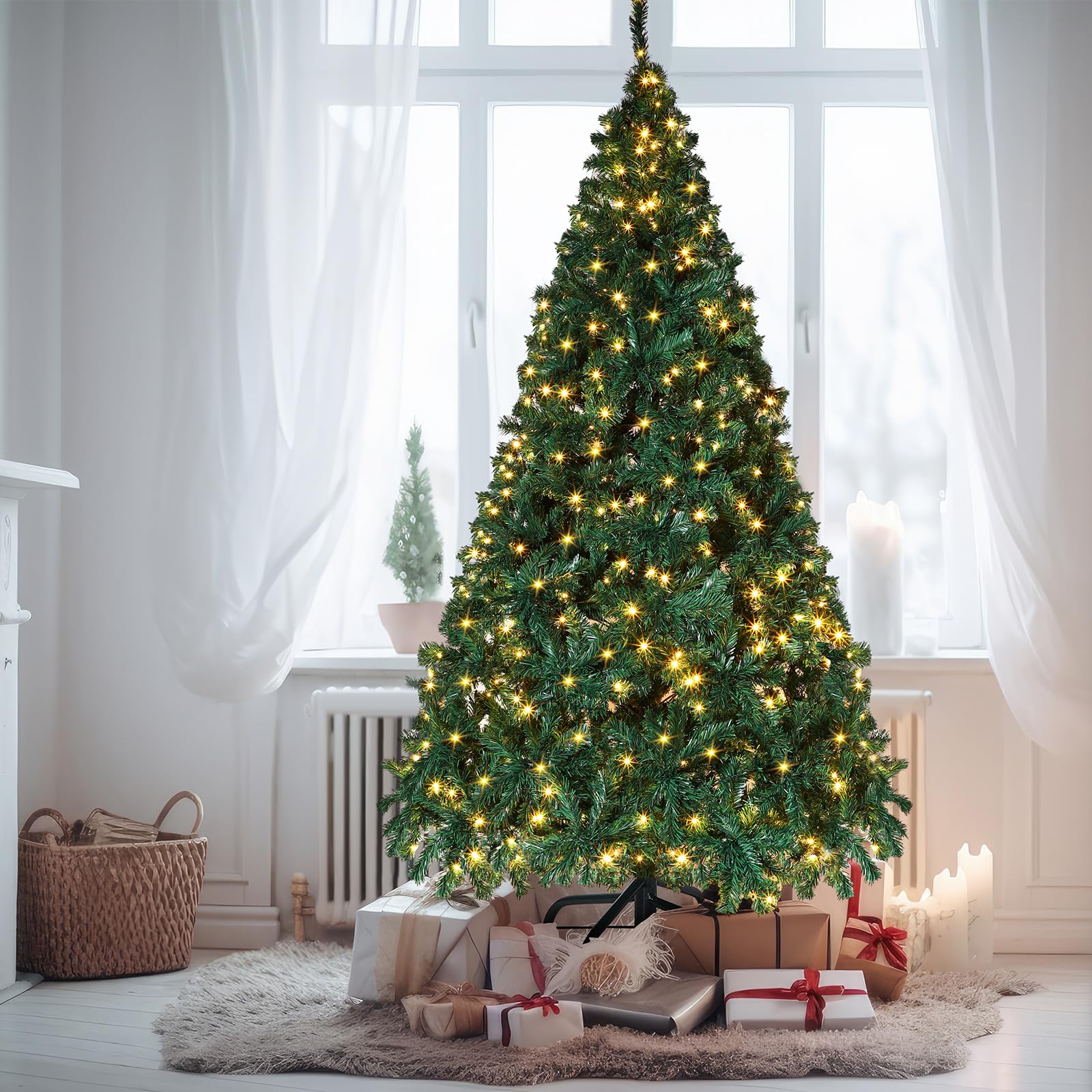 7.5 ft Prelit Artificial Christmas Tree with Lights Artificial Full Christmas Tree Xmas Tree with Metal Stand for Home Indoor and Outdoor Party Decorations(Green)