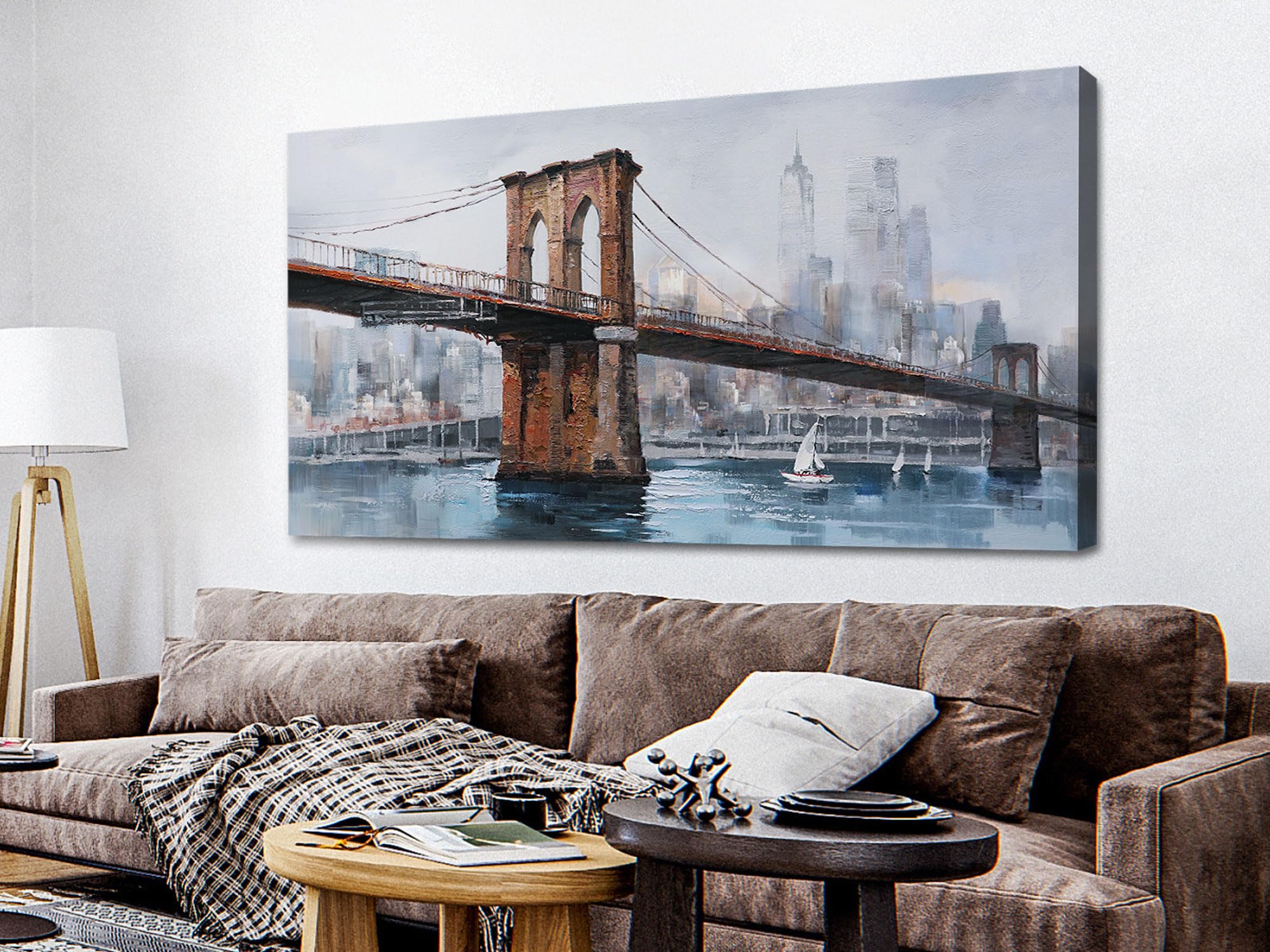 Arjun Brooklyn Bridge Wall Art Modern New York City Abstract Canvas Cityscape Painting Large Size Framed Colorful Nyc Skyline Textured Picture For Living Room Bedroom Home Office Wall Decor 40x20