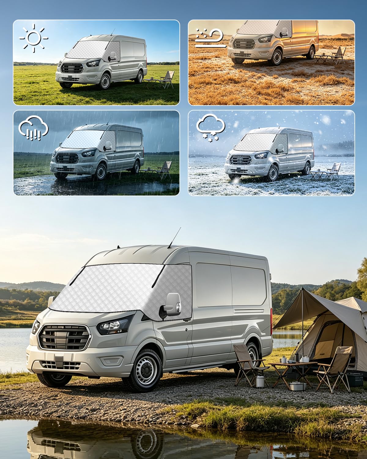 Frontscheibenabdeckung MK8 MK9 Thermomatte Wohnmobil mit Zipper | Windschutzscheibenabdeckung, Aluminiumfolie, UV-Schutz, Wasserdicht, für F-ord Transit MK8 und MK9 2015–2026