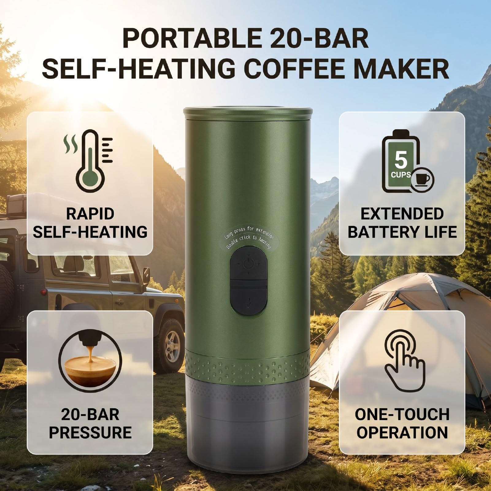 Naroote Tragbare Kapsel-Kaffeemaschine mit 20 bar Druck und Selbstheizung | 50 ml in 3–4 Minuten, Speicher mit 7800 mAh und Autoladegerät, für Gemahlenen Kaffee oder Kapseln Geeignet, Edelstahl