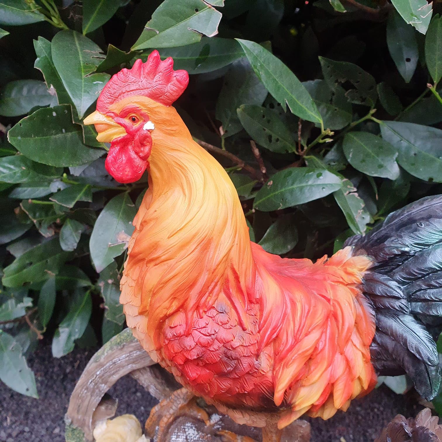 Figurka ogrodowa koguta z kurczakiem i pisklętami na kole, 44 cm, figurka do ogrodu, odporna na warunki atmosferyczne dekoracja, figurka farmy