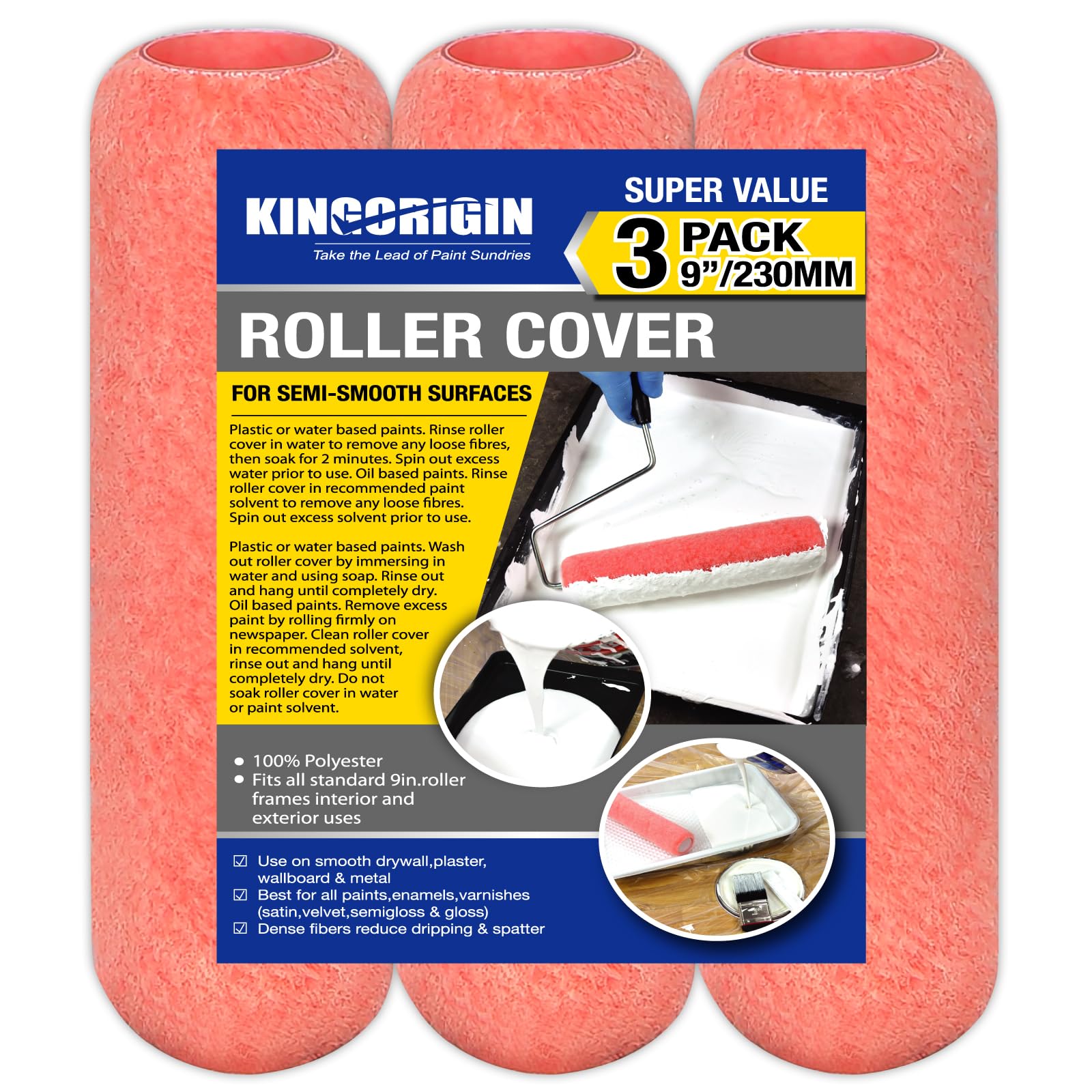 Kingorigin 3Pack, Pink King Origin Paint Roller Covers, 3 Pack, 9 Inch Paint Roller, 3/8 Nap High Dense Roller Covers For Smooth And Textured Rough Surfaces