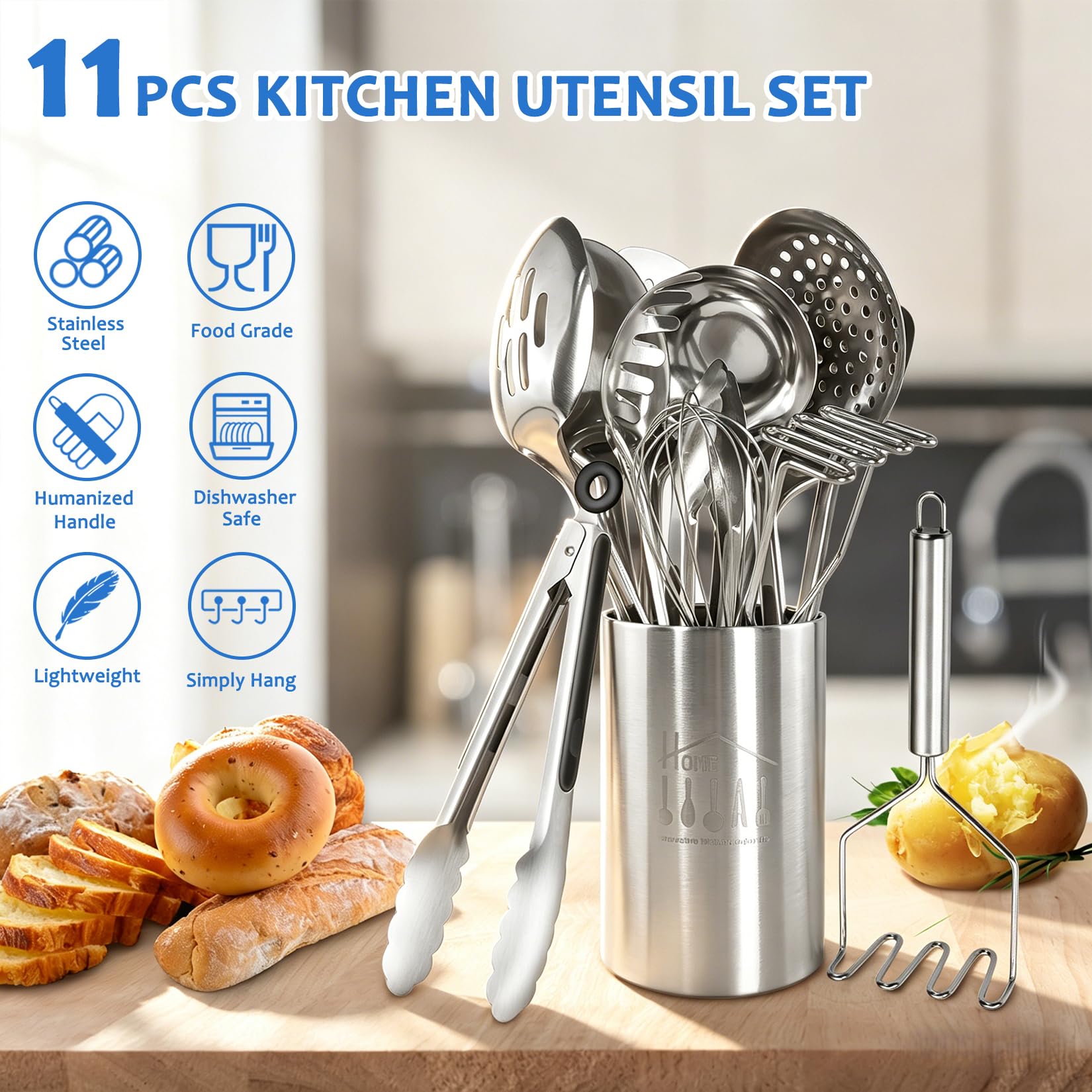 Juego de 11 utensilios de cocina de acero inoxidable con soporte, resistentes al calor, para cocinar con volteadores, triturador de patatas, skimmer, cucharón, pinzas, batidor