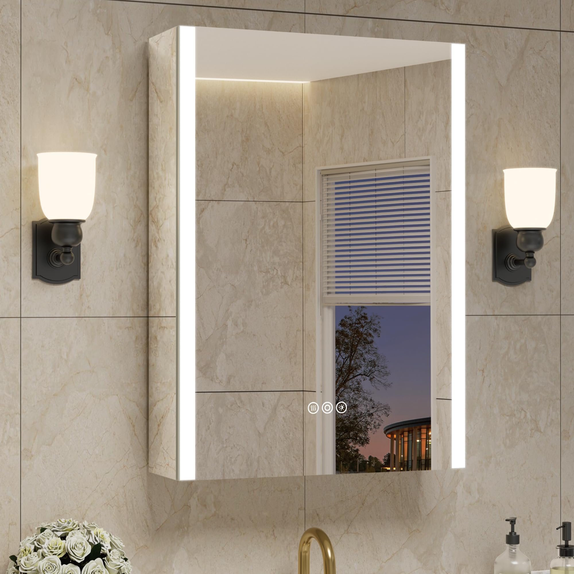 Armadietto per medicinali con luci a LED e specchio, 61 x 76 cm, da incasso o da incasso, con anta, antiappannamento, funzione memoria, modalità a 3 colori, uscita e USB, dimmerabile, ripiano