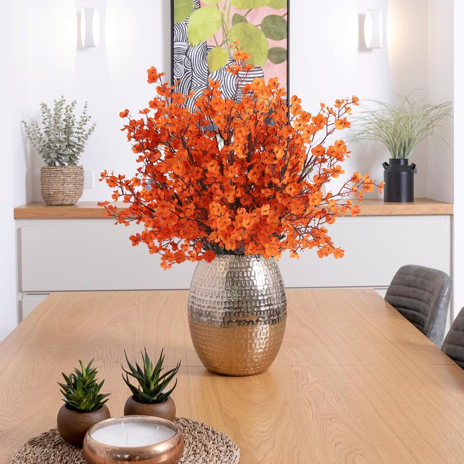 N&T NIETING Künstliche Schleierkraut, künstliche Blumen, Babyatem, 12 Stück, fühlen sich echt an, für DIY-Hochzeitsstrauß, Party, Tischdekoration, Blumenarrangements und Heimdekoration (orange)