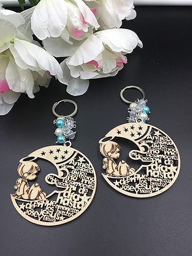 Miniatura 3 de 12 piezas de bautismo niño de madera azul ángel luna diseño llavero bautismo favores con ángeles para niño recuerdos de bautizo con bolsas de