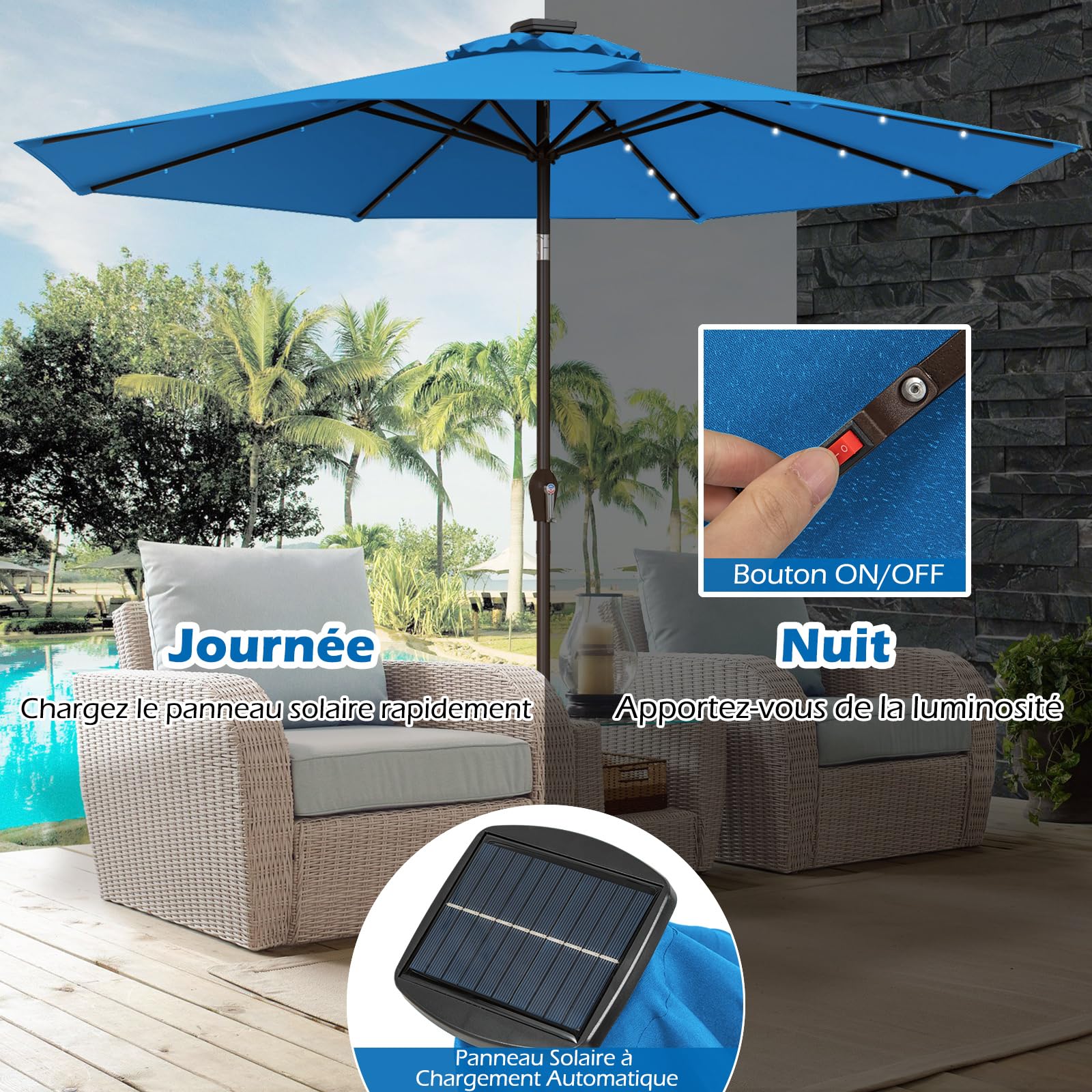COSTWAY Parasol de Jardin Extérieur Ø 300 CM, Lumineux Solaire avec 24 LED, Inclinable avec 8 Baleines Métalliques Robustes, pour Balcon Jardin Terrasse (Bleu Clair)