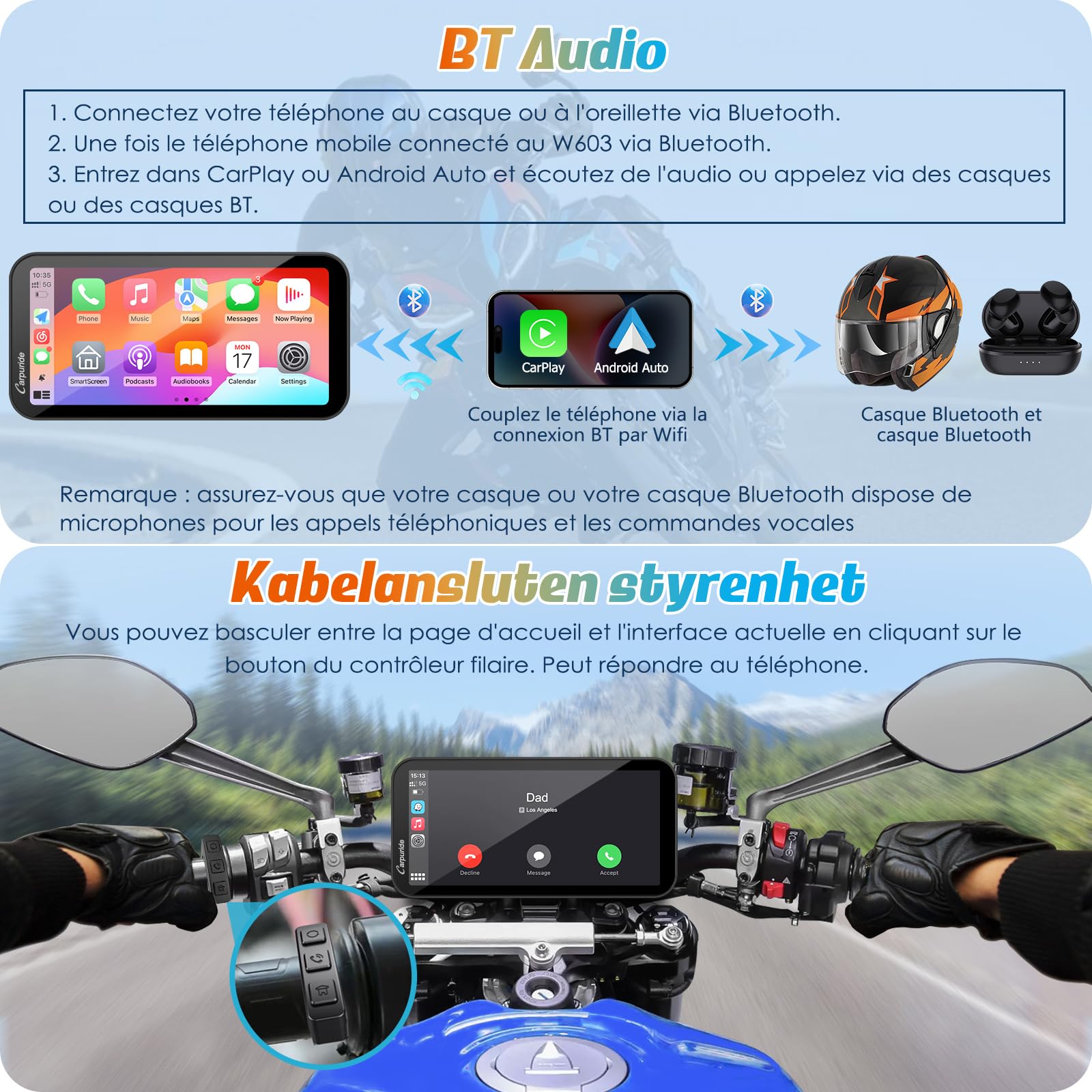 Carpuride W603 Écran Carplay pour Moto, CarPlay sans Fil et Android Auto pour Moto, Télécommande, Écran Tactile Étanche de 6,3 Pouces, Audio BT, Navigation GPS, Siri, Assistant G00gle