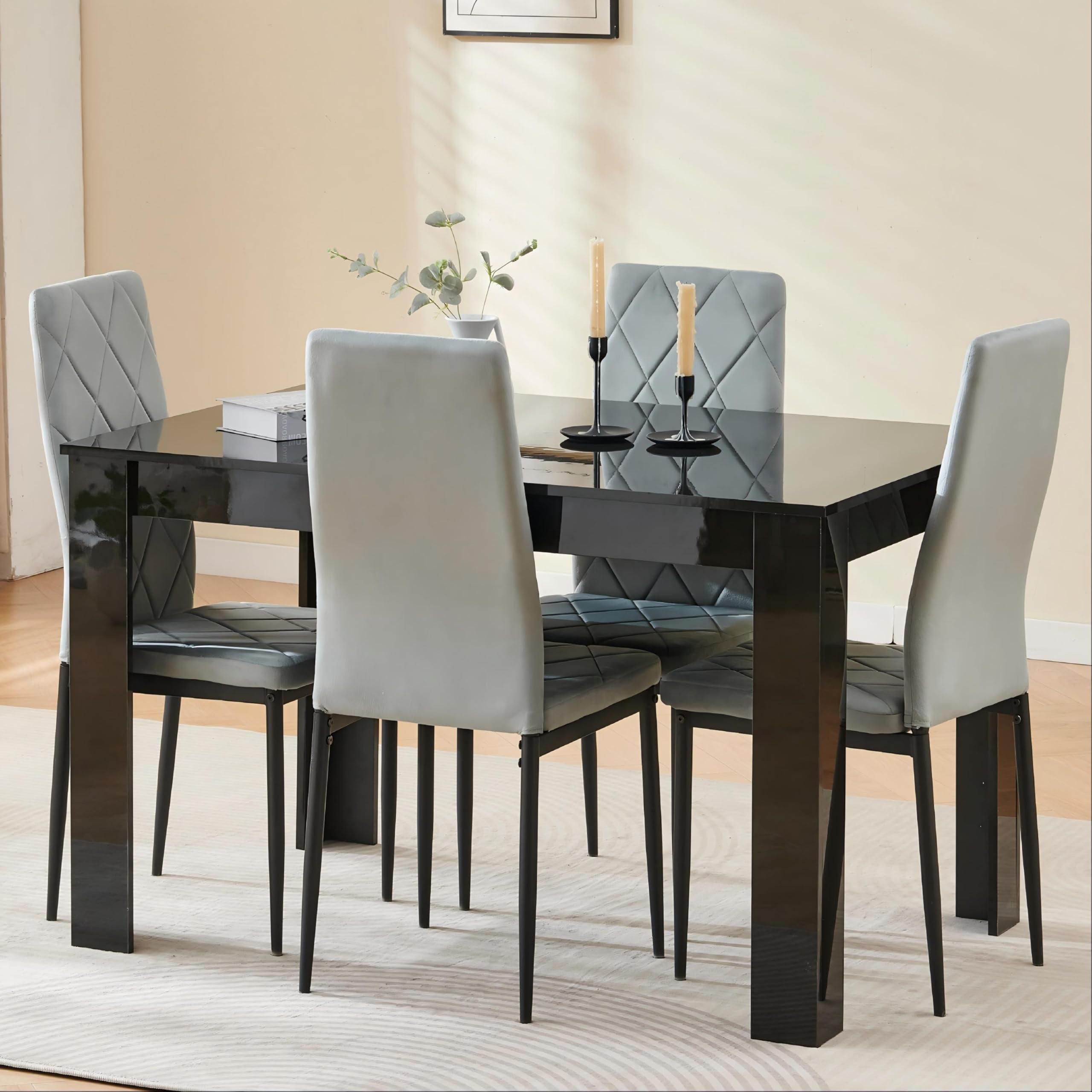 Homullel 120cm Glossing Dining Table and 4 Chairs, 4 Seater Kitchen Table and Chairs Set for Space Saving, Compact Dining Room Set for 4, 120x80 cm, Wooden, Walnut Black (4 Seaters, Flannel Gray #2) โ image 1