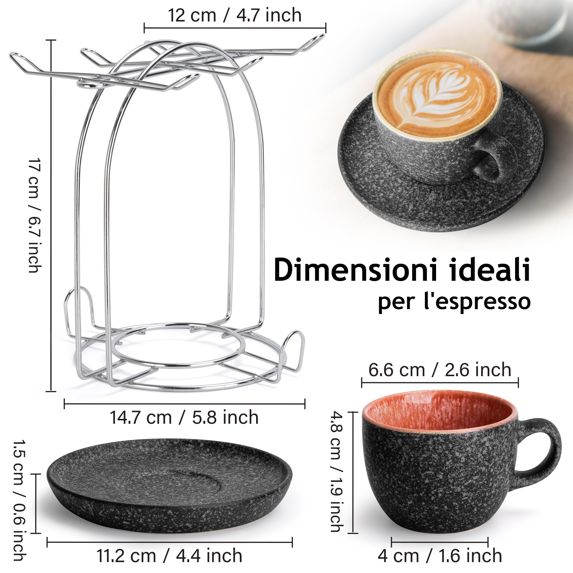 MIAMIO - Tazze da espresso impilabili in ceramica da 80 ml con piattini e supporto in metallo, set di 6 tazze da espresso, tazze demitasse, tazze da caffè per espresso - Collezione Las Palmitas