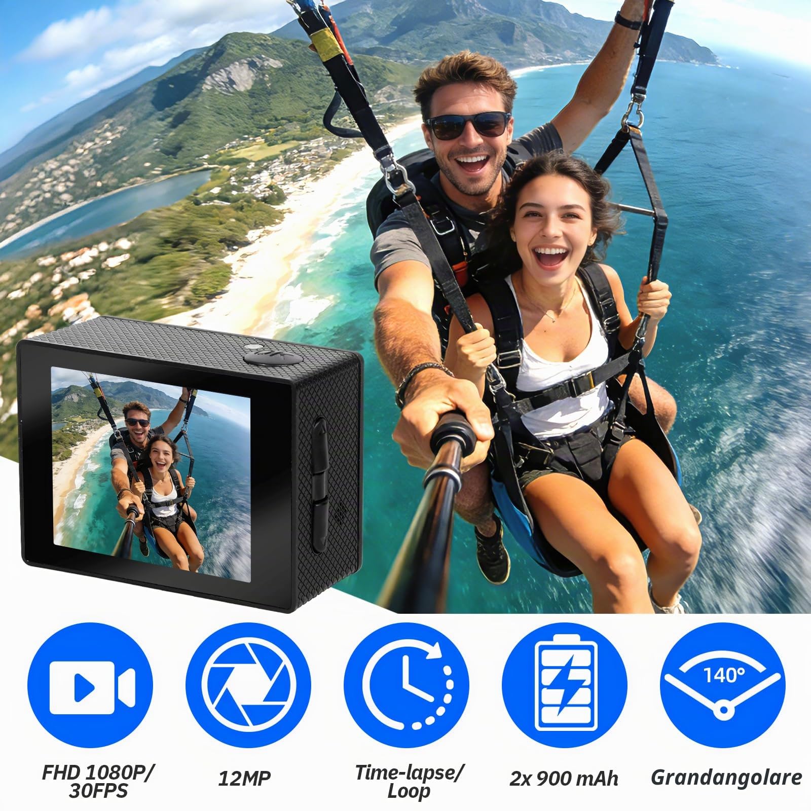 Action Camera 4K, Telecamera Subacquea Impermeabile da 30 m, Obiettivo Grandangolare 120° Telecamera Sportiva, 2 Batterie e Kit di Montaggio, Action Cam per Snorkeling