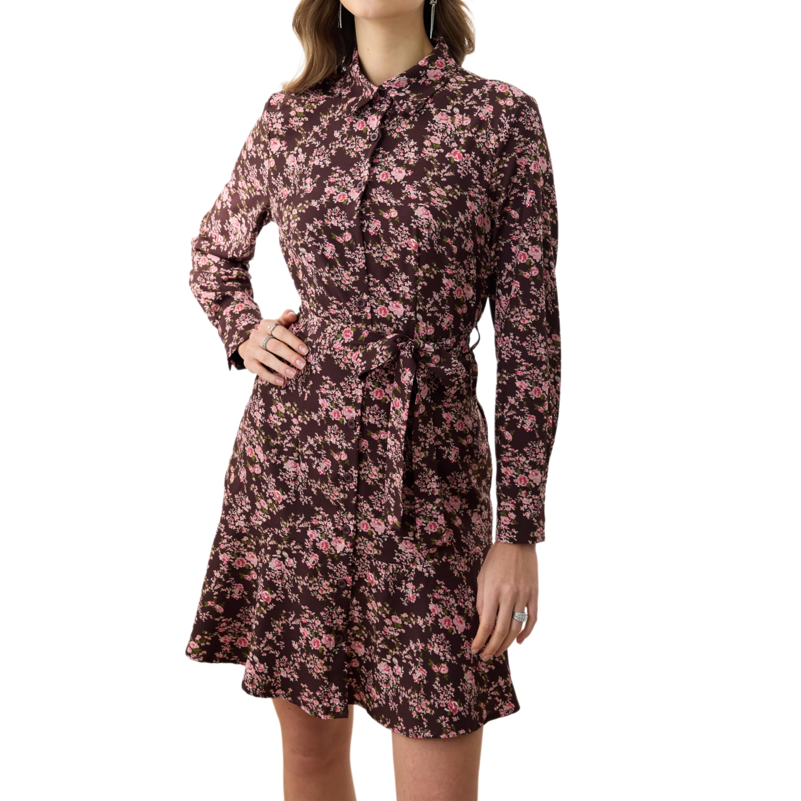 Women's Long Sleeve Button Up Midi Belt Shift Collar Dress with Pockets for Work Office Business