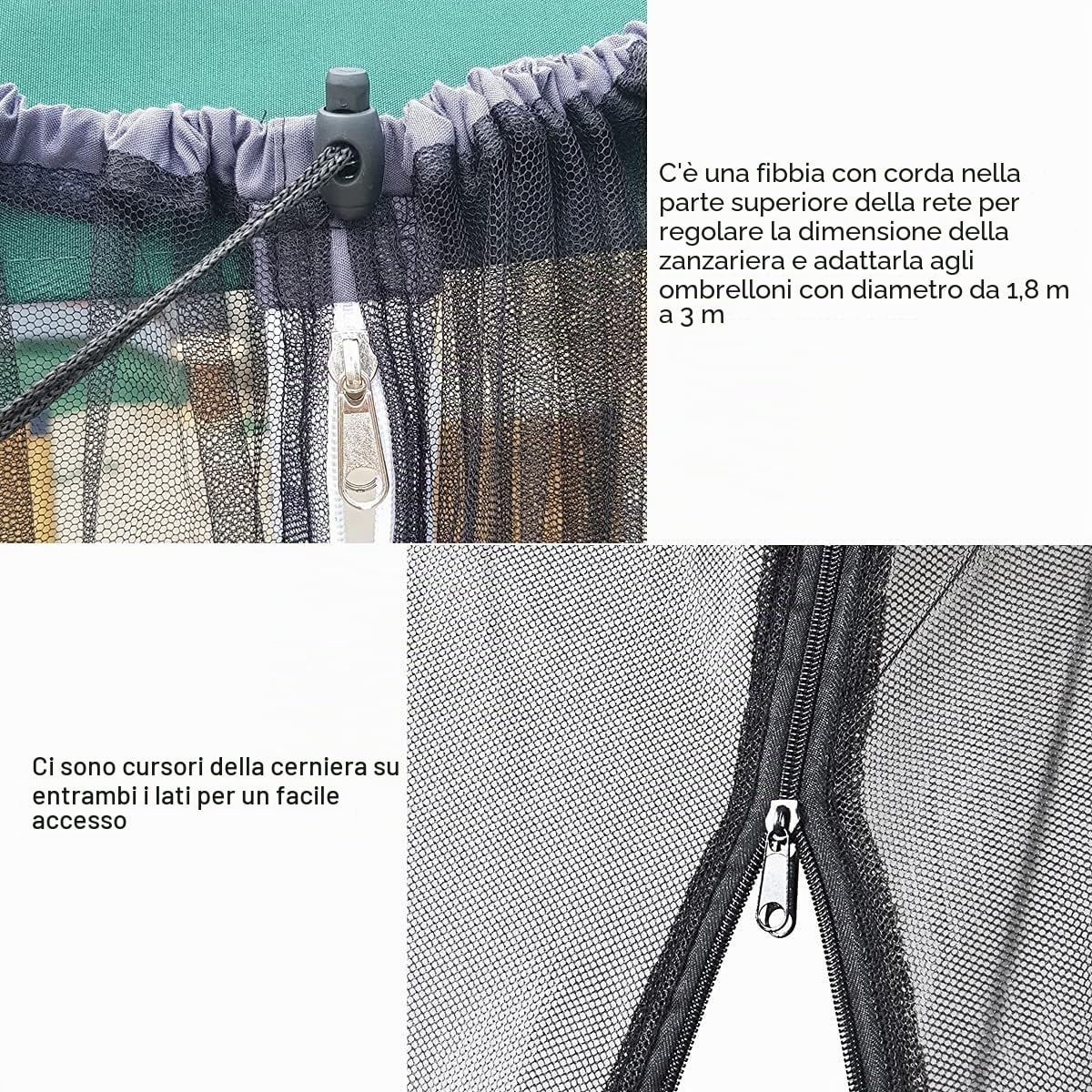 Zanzariera per ombrellone da patio double-face da 15 m, rete Sunbrella con doppia cerniera, fondo per tubo dell'acqua utilizzato e per gazebo da patio, tettoia pop-up 11 x 11 intercambiabile