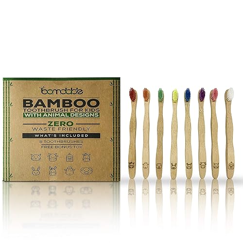 Cepillo de dientes de madera de bambú Bamdable con diseños de animales, paquete de 8  respetuoso del medio ambiente  cerdas suaves coloridas para
