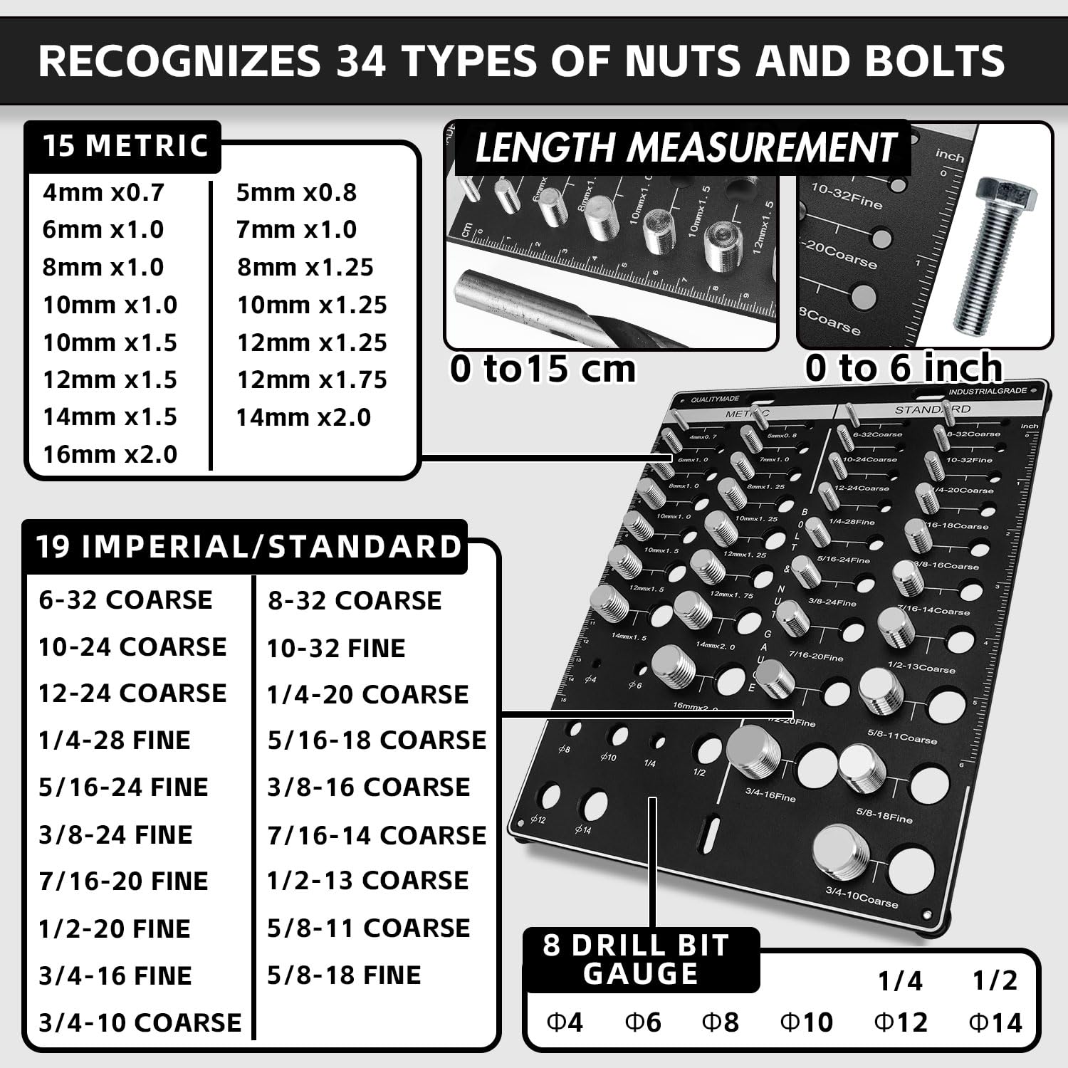 Tester di filettatura, 34 tester di dimensioni della filettatura per dadi e viti con 8 punte, identificatore filettato per 19 viti standard e 15 viti metriche in alluminio e acciaio, nero