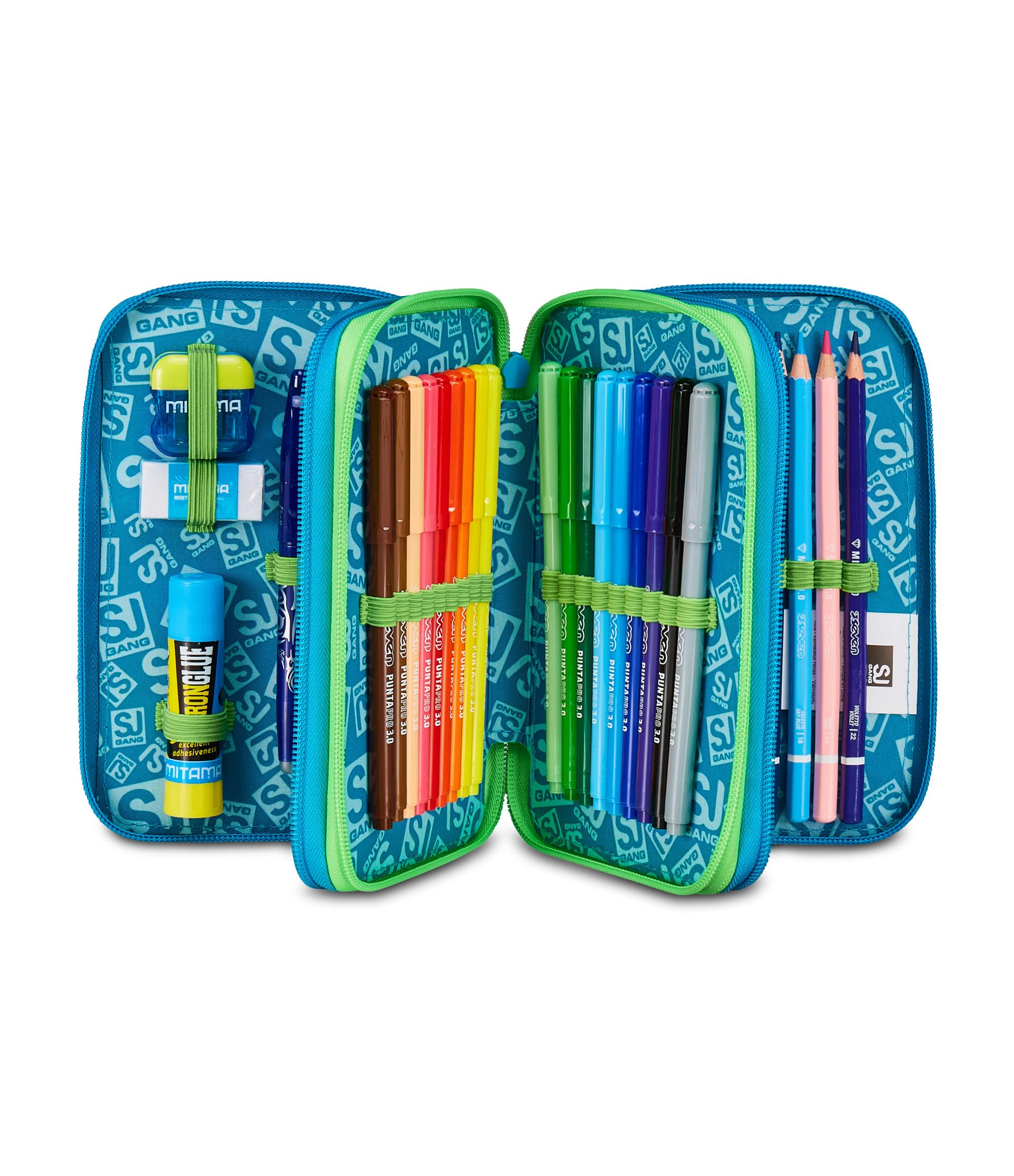 SJ GANG STYLE JAM GANG Astuccio Scuola 3 Zip Air Tiger, Blu, Portapenne Triplo Scomparto Completo Di Penne, Matite, Colori, Accessori Zaino, Scuola Elementare, Bambino