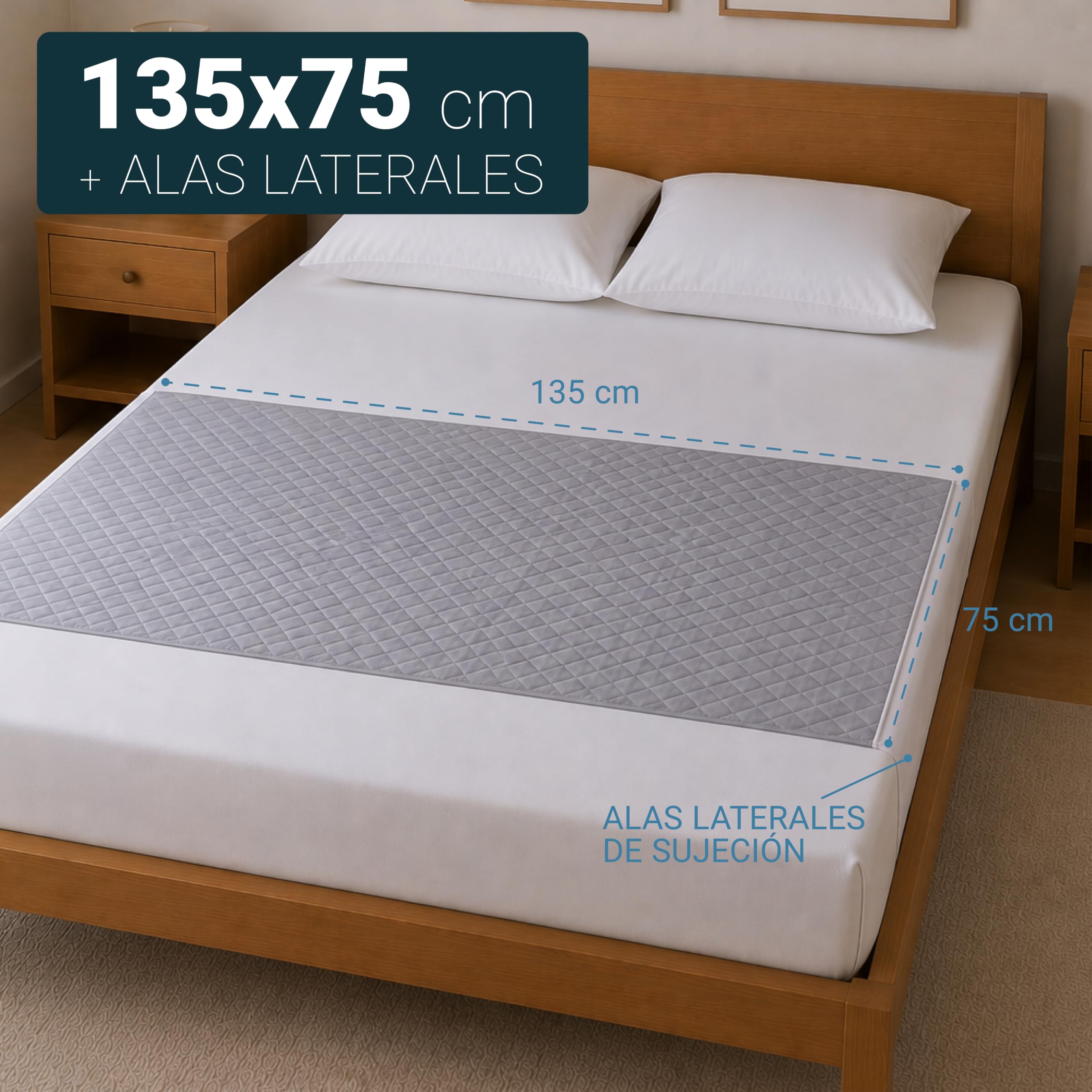 Empapador de Cama Lavable 135cm con Alas de 45cm y 4 Capas de protección. 2 Unidades. Super Absorbente 3 litros/m². Impermeable Reutilizable Protector. Variedad de Medidas 90cm,135cm,150cm.