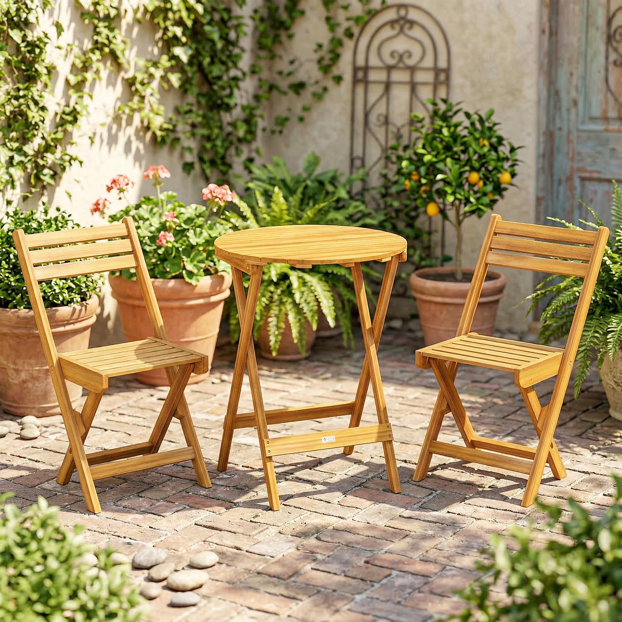 Outsunny Ensemble de Bistrot 3 Pièces Pliable en Bois d'Acacia, Table Ronde 60 cm et 2 Chaises à Lattes san Montage, Salon de Jardin Extérieur pour Balcon Patio Jardin, Naturel