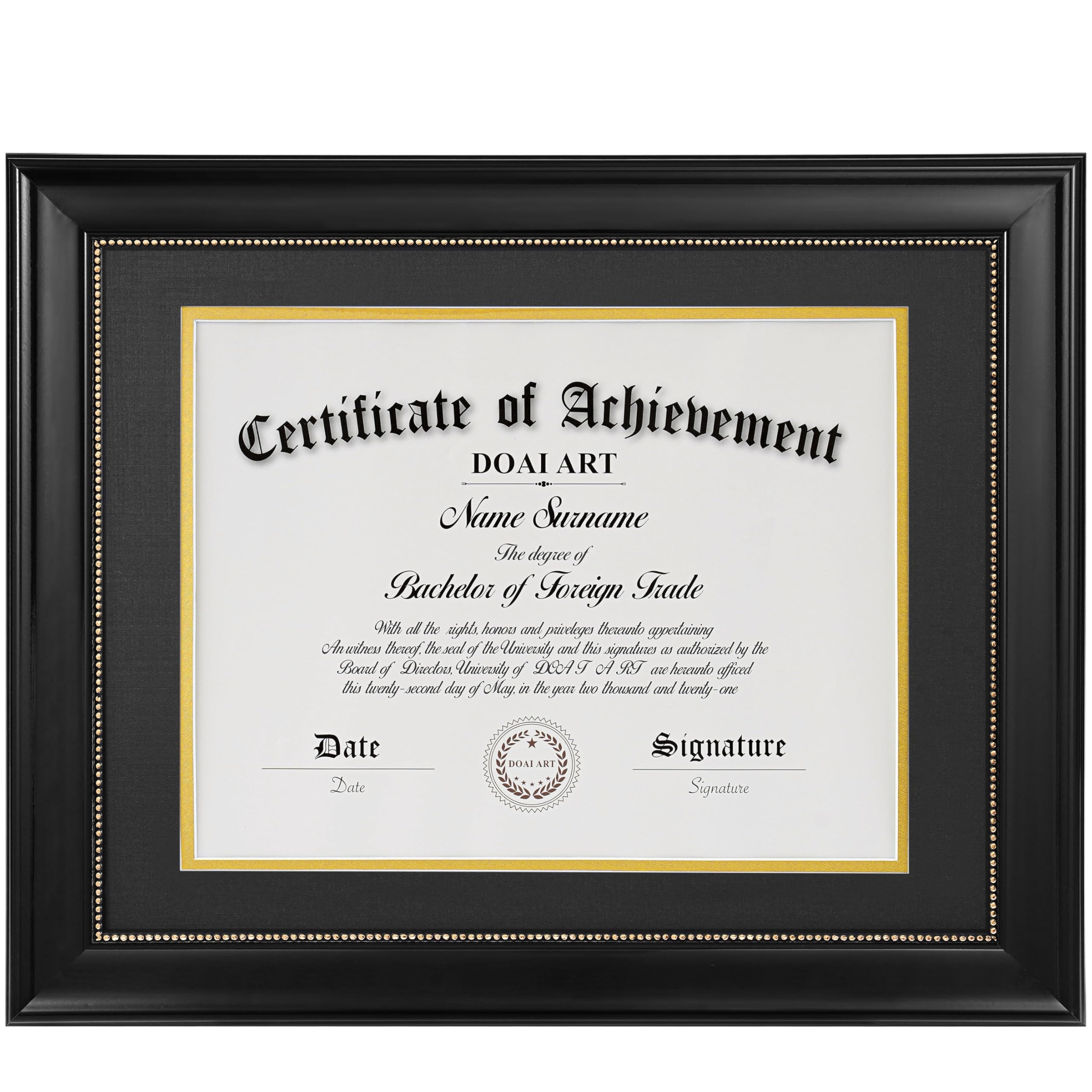DOAI ART 8.5 x 11 Diploma Frame Classic Black Display 8.5x11-inch with Black Over Gold Mat or 11x14 Document &Certificate Without Mat, Gold Beads Hanging Hardware Included, Tabletop