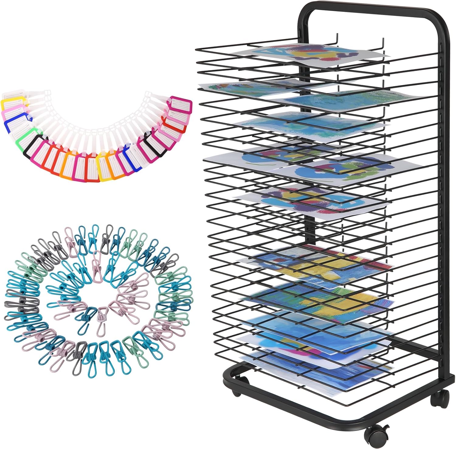 Art Drying Rack for Classroom, Mobile Paint Drying Rack with 25 Removable Shelves & Lockable Wheels, Metal Storage Rack 41.5 Inches Height for Art Studio, Craft Room Organization