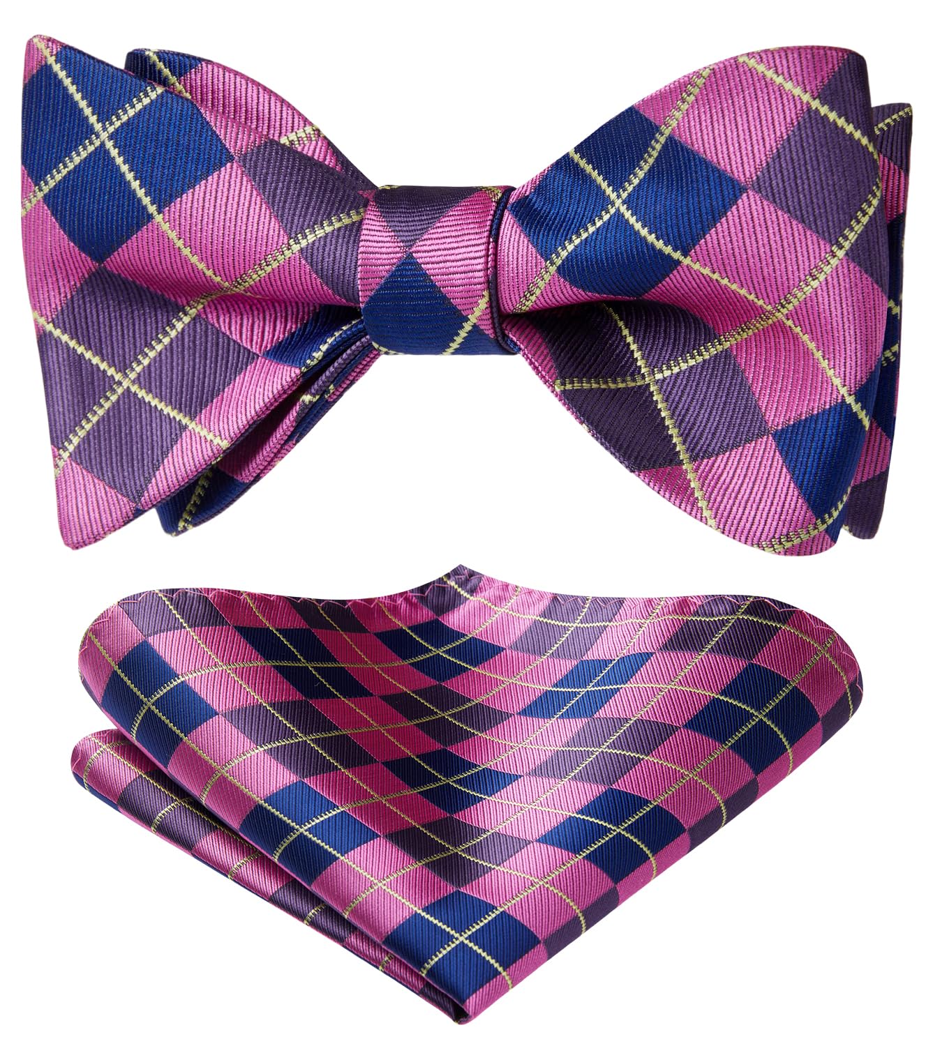 HISDERN SetSense Men's Plaid Jacquard Woven Self Bow Tie Set One Size Navy Blue/Pink