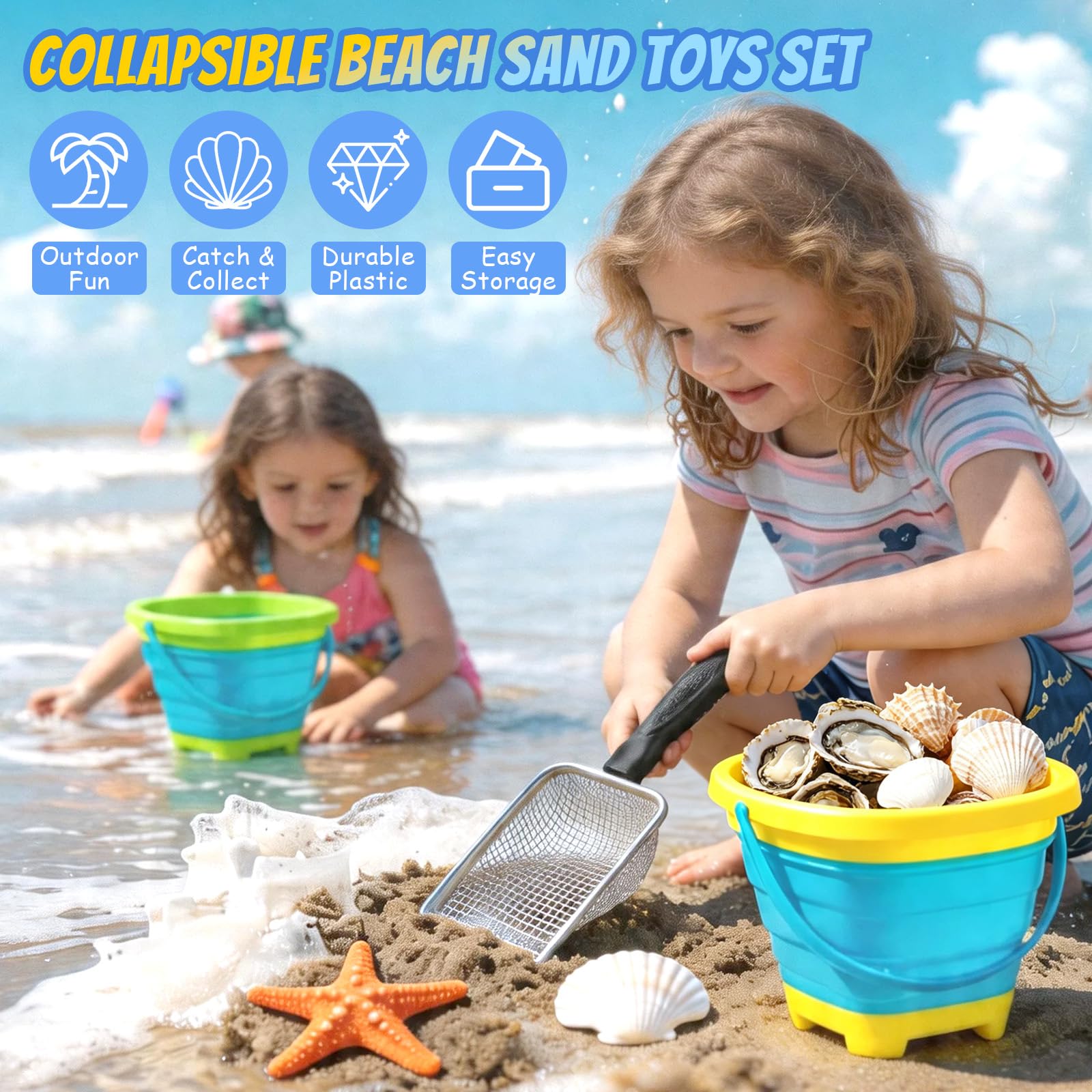 Sandspielzeug Set, Strandspielzeug für Kinder ab 1 2 3 4 5 Jahre, 25 PCS Sandkasten Spielzeug mit 2 Sandschaufel, Faltbarer Eimer, Sandsieb, Netzbeutel, Edelsteinen, Für Jungen Mädchen