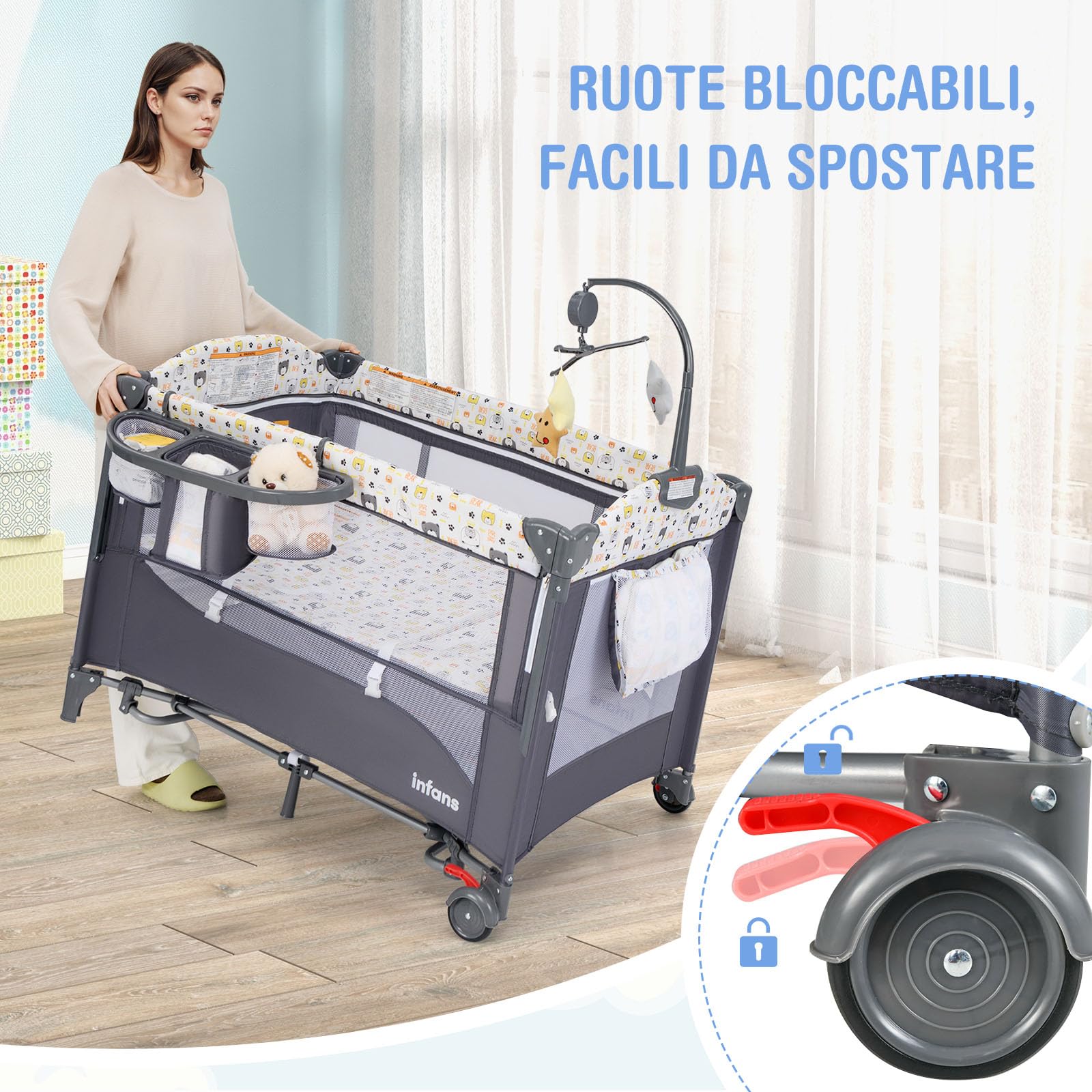 GYMAX Lettino Culla Fianco Letto, con Fasciatoio, Morbido Cuscino, Giocattoli Appesi e Spazio di Stoccaggio, Regolabile in Altezza, Box per Neonato, 2 Ruote e Borsa per Viaggio (Grigio e Giallo)