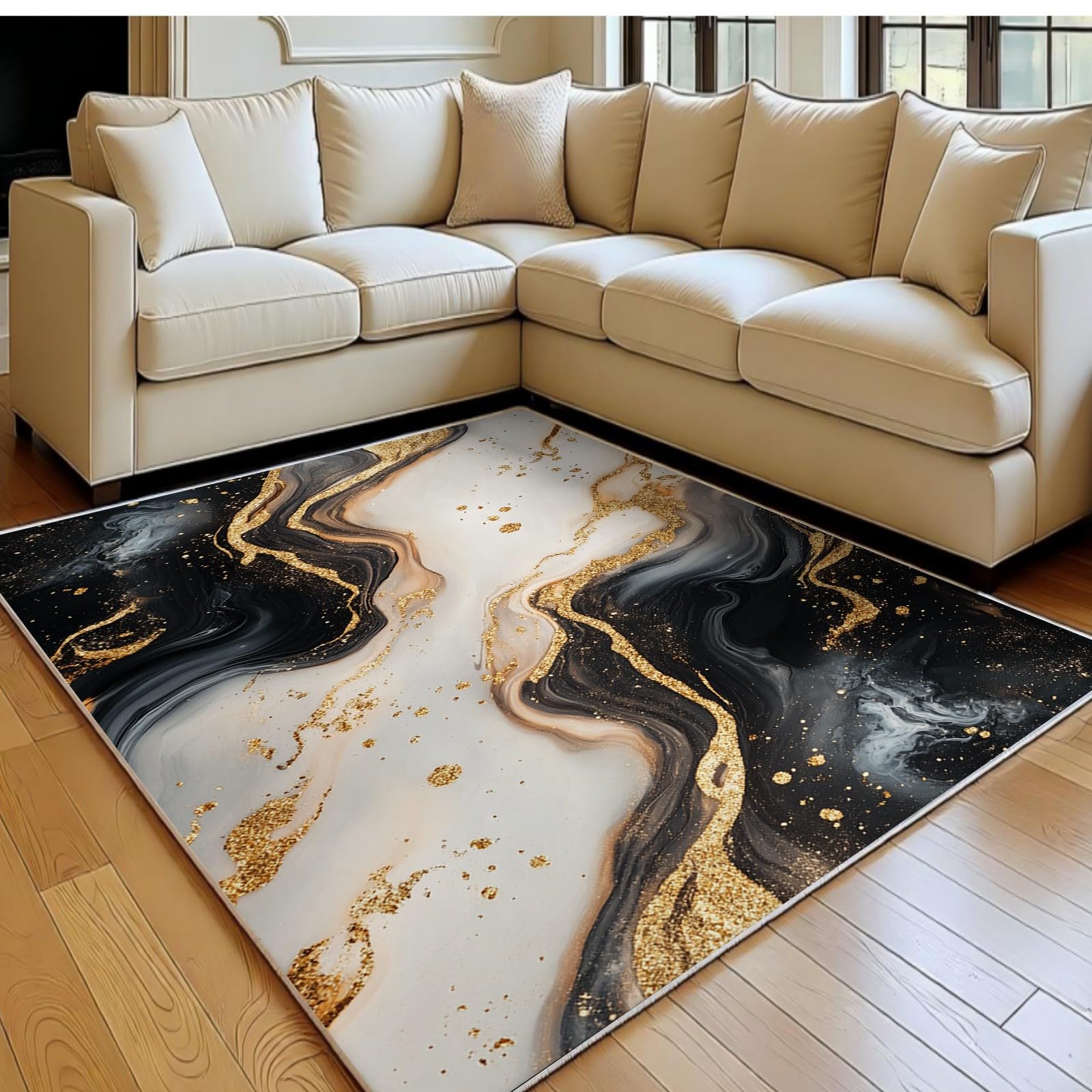 Tapis salon grand format flanelle imitation bois or doux et résistant