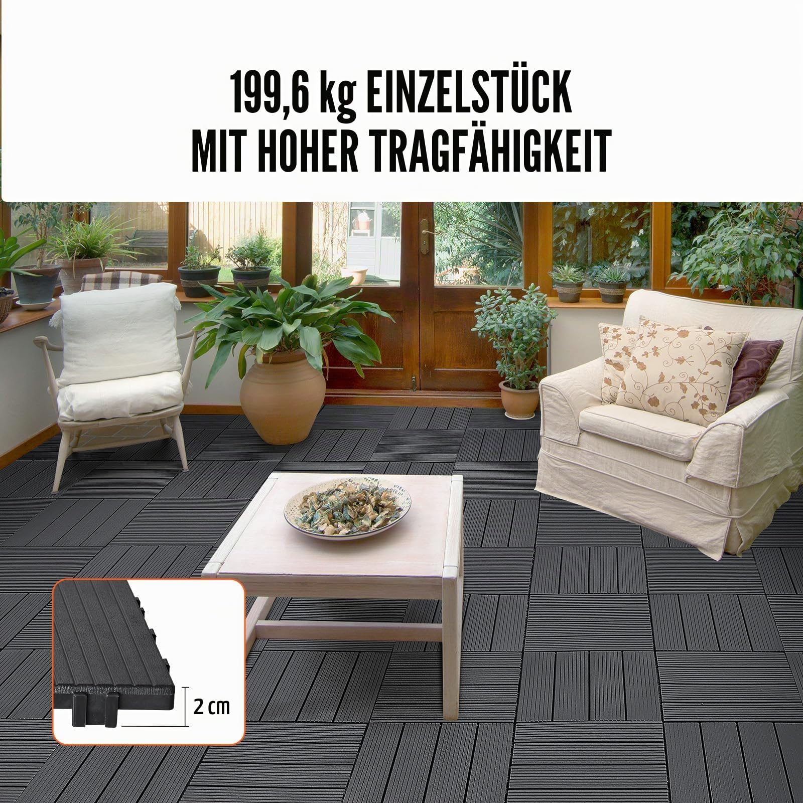 VEVOR Terrassenfliesen, 54er-Set, Balkonfliesen 30 x 30 cm, Klickfliesen, wasserdichter Kunststoff-Bodenbelag für den Außenbereich, Terrassenbodenbelag für Veranda, Pool, Balkon, Hinterhof, Dunkelgrau