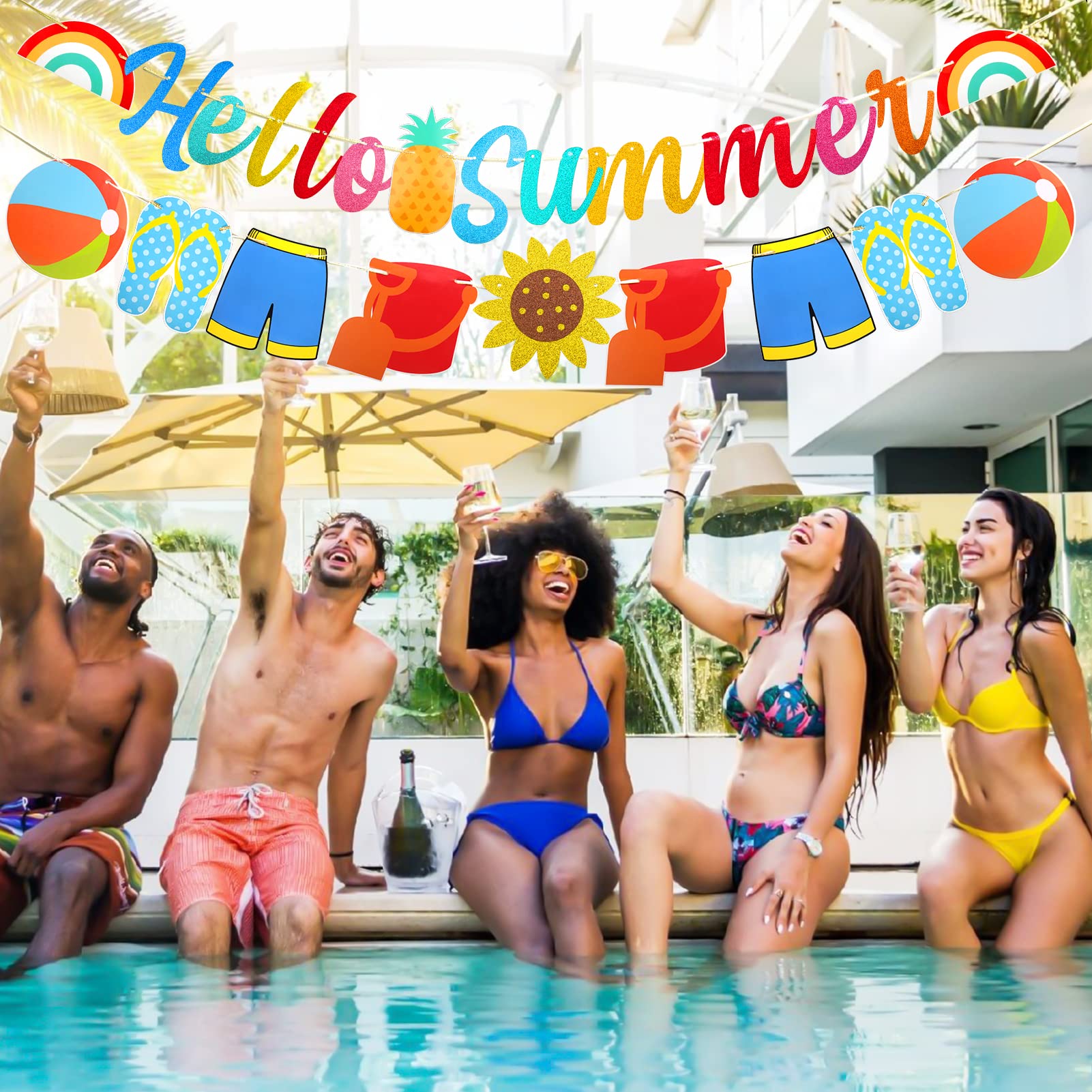 JENSENLIN Summer Party Banner - Glitter Fun In The Sun Decoration, Hawaiian Theme, Green/Yellow/Blue - View #5