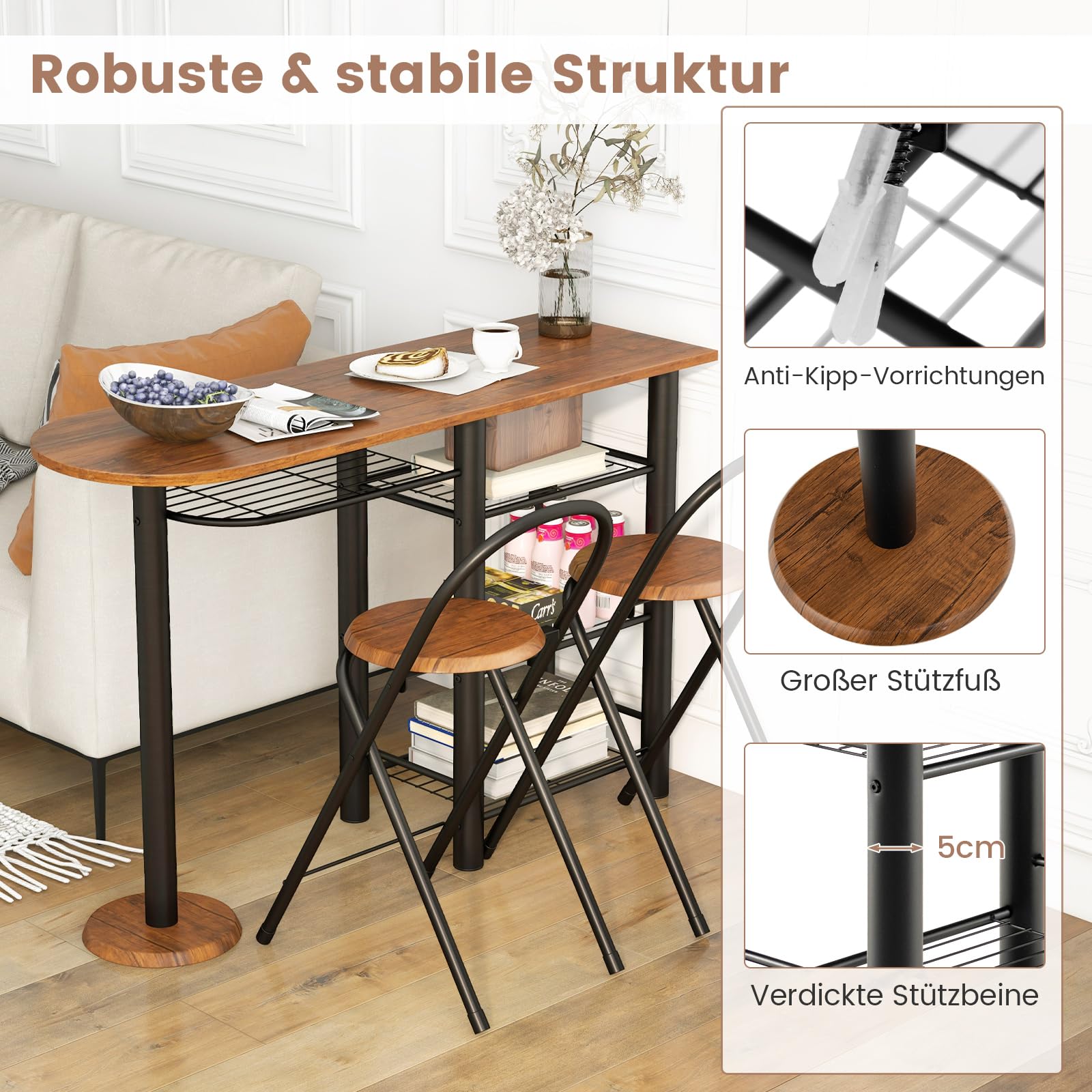 COSTWAY Stół barowy z 2 stołkami barowymi, 2 osoby, blat kuchenny z półkami, zestaw mebli kuchennych ze składanymi krzesłami, stół barowy do salonu, jadalni, kuchni (brązowy)