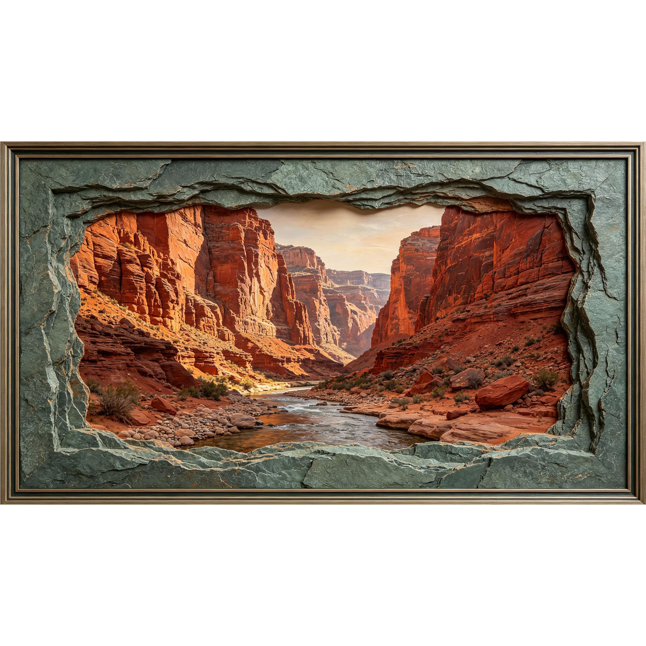 QZLITHOTIC 50×90cm3D Framed Wall Art， Grand Canyon River Landscape Trompe l'oeil Self?Adhesive Mural， Water?Activated Peel & Stick Fabric Decor Wall Decal for Bedroom Living Room
